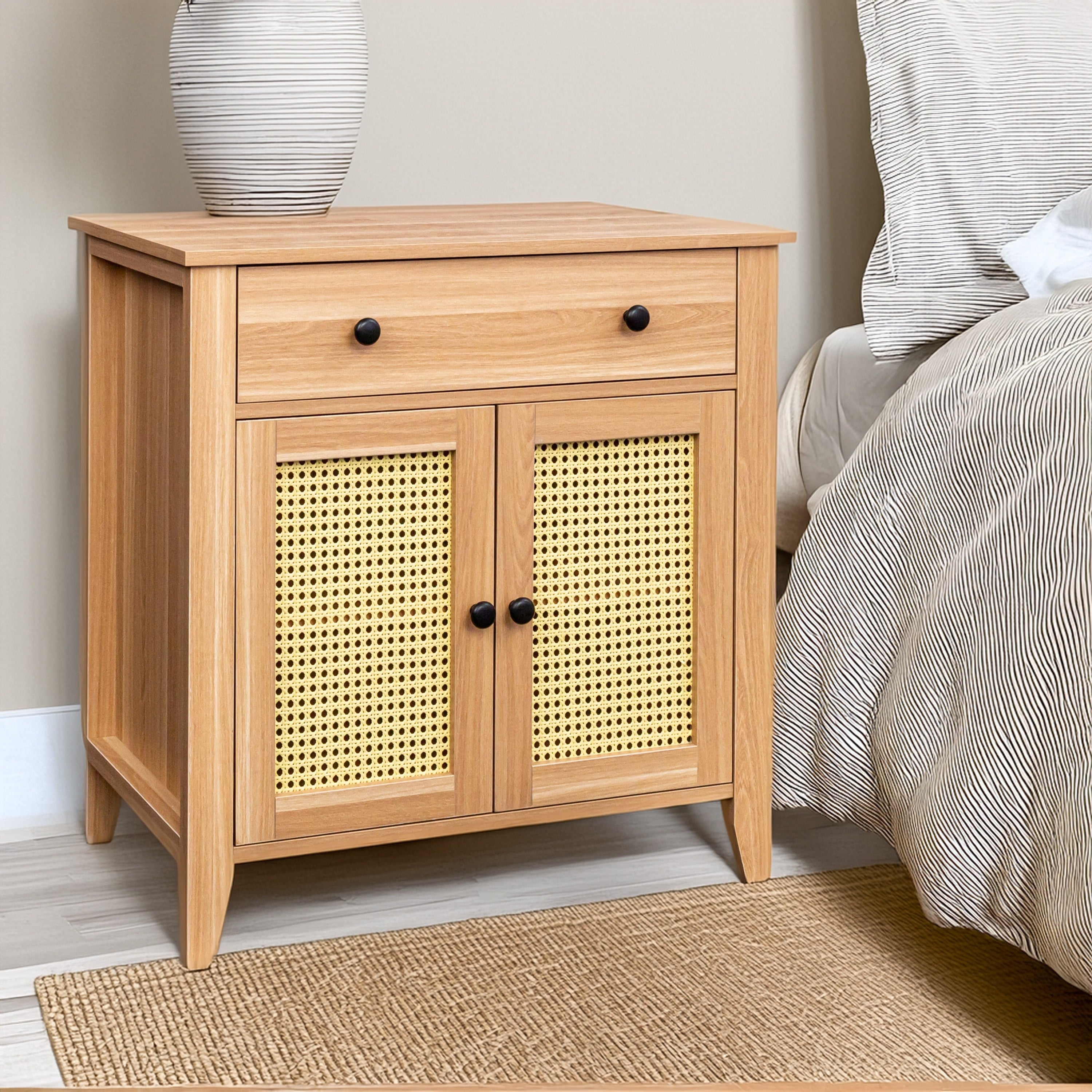 Rattan Nightstand Mid Century Modern Nightstand With Rattan Decorated Door And Adjustable Shelf Bedside Storage End