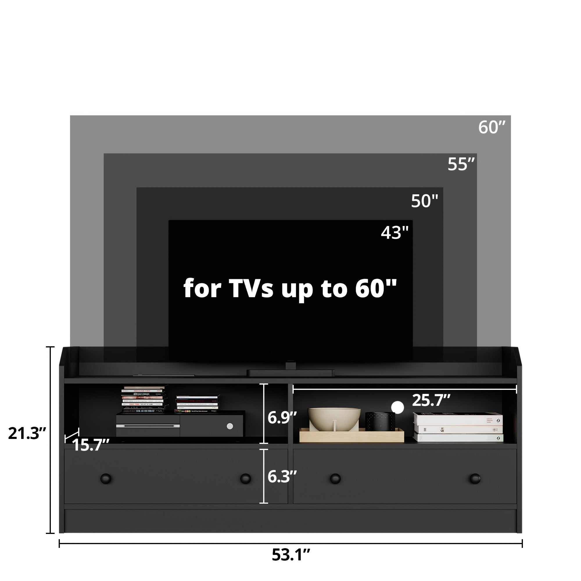 TV Stand for 50 55 60 Inch TV, Entertainment Center, TV Console with 2 Shelves & 2 Drawers, Open Storage Shelf, Media Console for Living Room, Perfect for Storage, Black