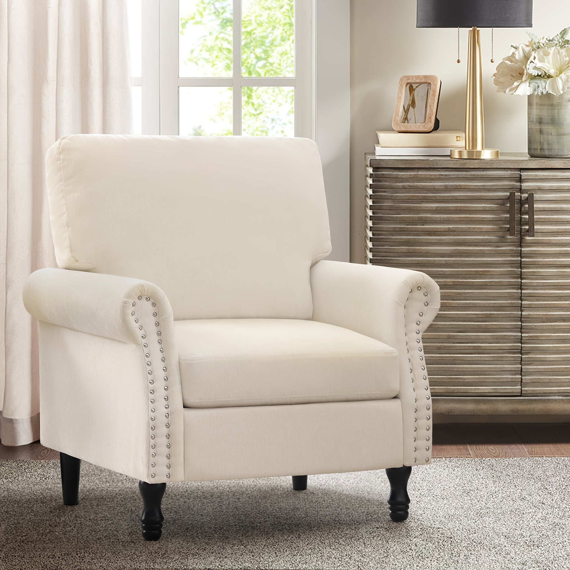 Chic Beige Accent Armchair with Gourd Legs - Sturdy Metal & Chenille, Comfortable Sponge Seat, Ideal for Living Room or Office