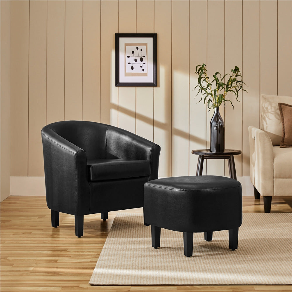 Barrel Chair and Ottoman Set with Boucle Fabric or Faux Leather Upholstery, Contemporary Club Chair with Ottoman, Accent Armchair with Footrest for Living Room, Bedroom, Guestroom, Stylish Upholstered Furniture Set i