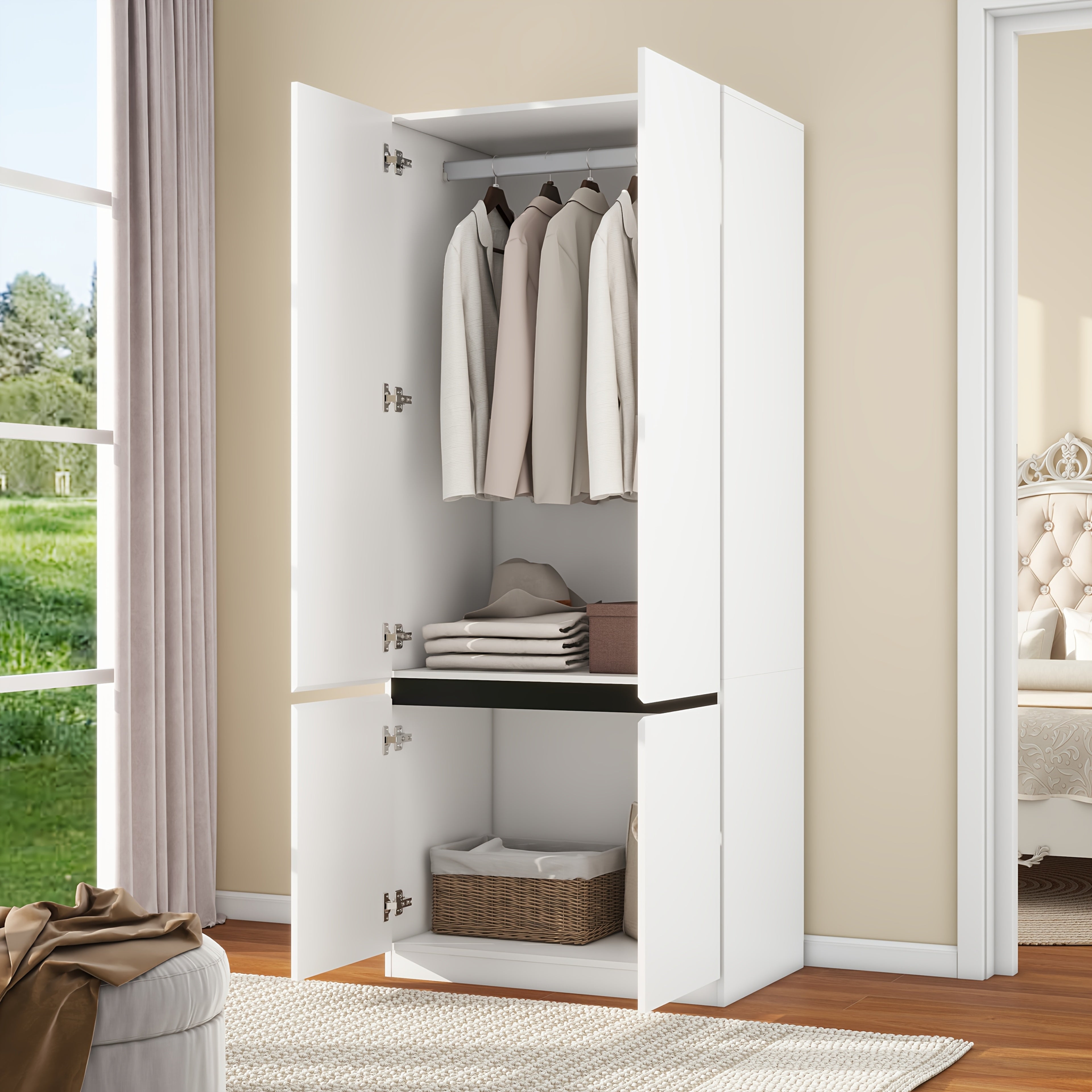 White Armoire Wardrobe Closet With 2 Doors, 75" Bedroom Wardrobe Closet For Hanging Clothes, Modern Wood Cabinet With Shelves, Wardrobe Storage Closet System