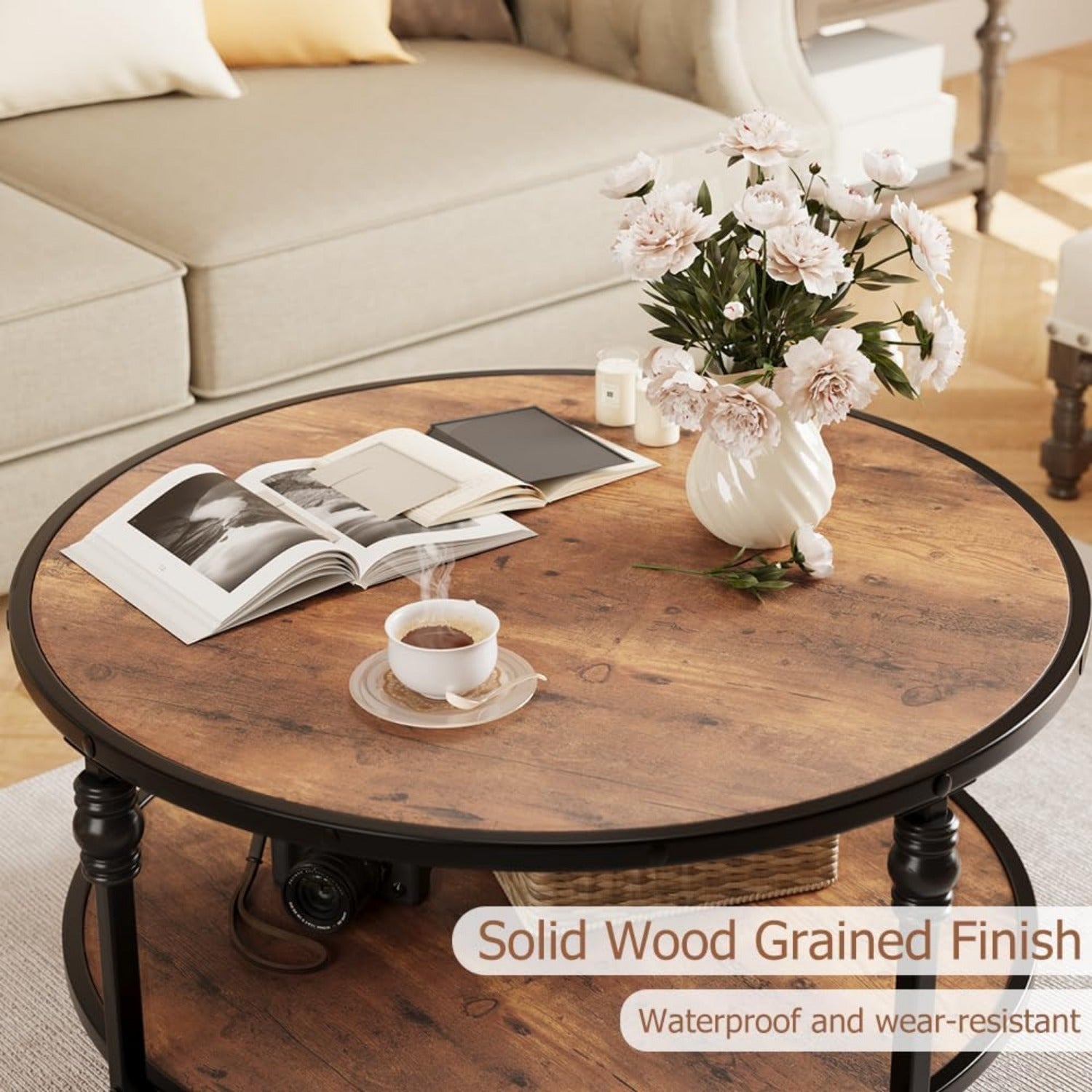 Coffee Table Round Rustic Center Table with Storage Shelf Wood Circle Coffee Table with Sturdy Metal Legs Living Room