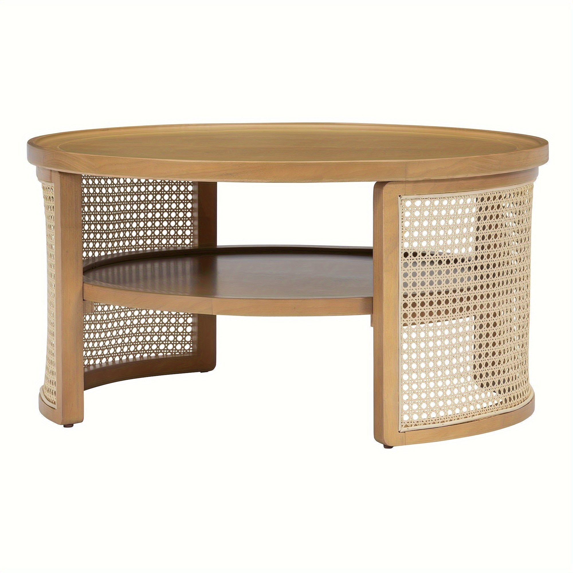 2-Tier Round Coffee Table With Storage - Natural Wood Top And Rattan Base, 31.3''