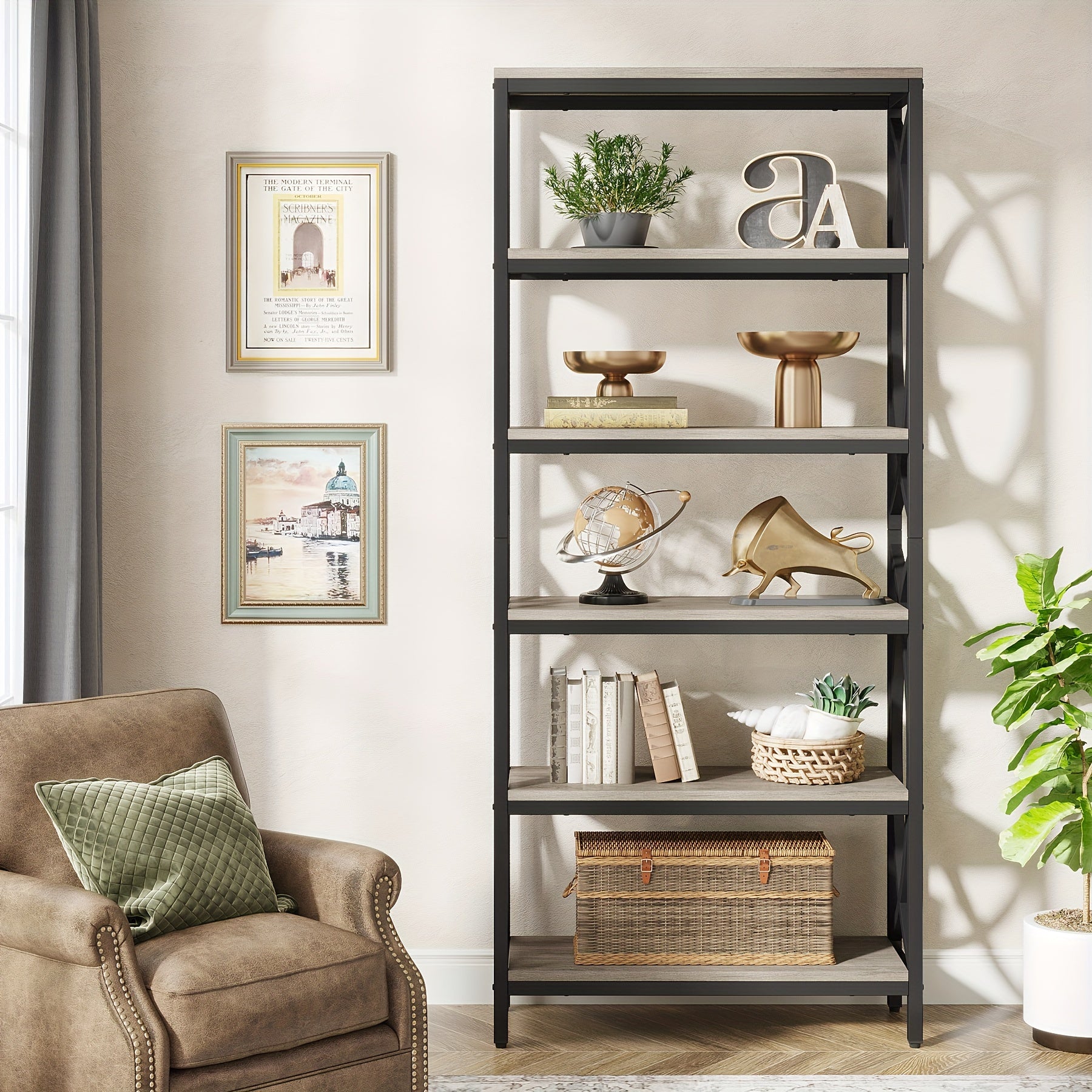 Introducing The 6-Tier Bookshelf 175cm Tall Bookcase Combining Modern Wooden Design With Durable Metal Frame.