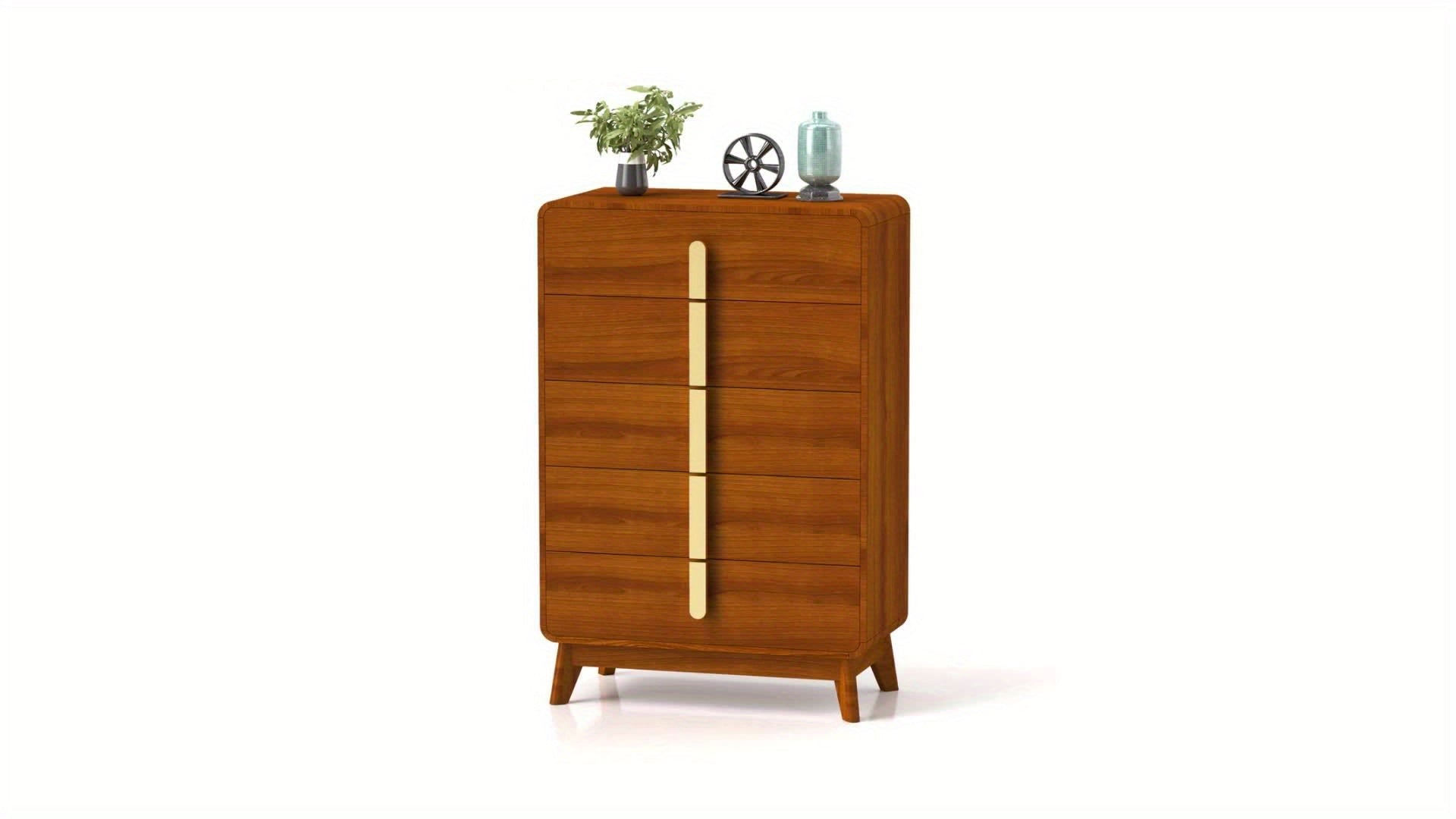 Elegant Cherry 5-Drawer Dresser | Mid-Century Modern Design with Sleek Metal Handles | Spacious Wooden Storage