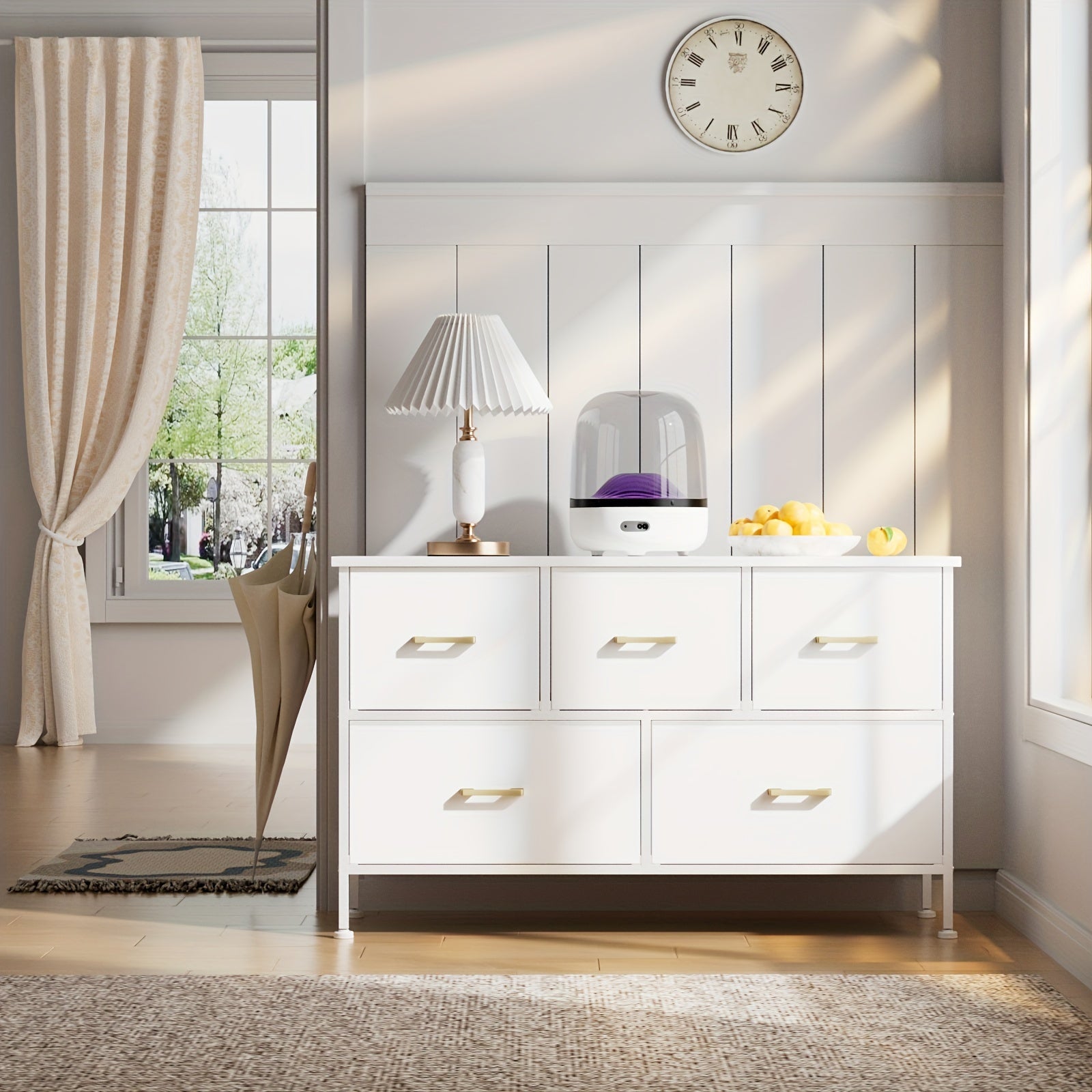 5-Drawer TV Stand Dresser For 114cm TV - Entertainment Center With Fabric Storage Adjustable Feet Golden Handle Modern