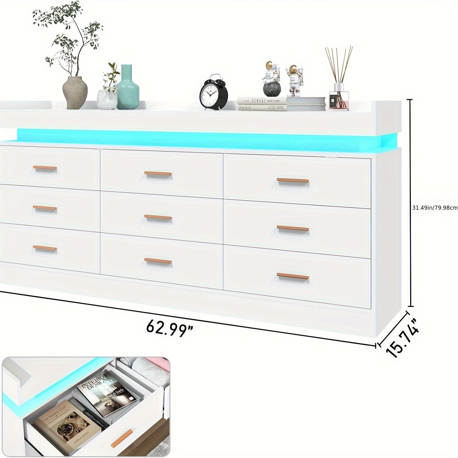 9 Drawer Dresser With LED Light Modern Chest Of Drawers For Closet Wide Drawer Organizer Cabinet For Bedroom Living