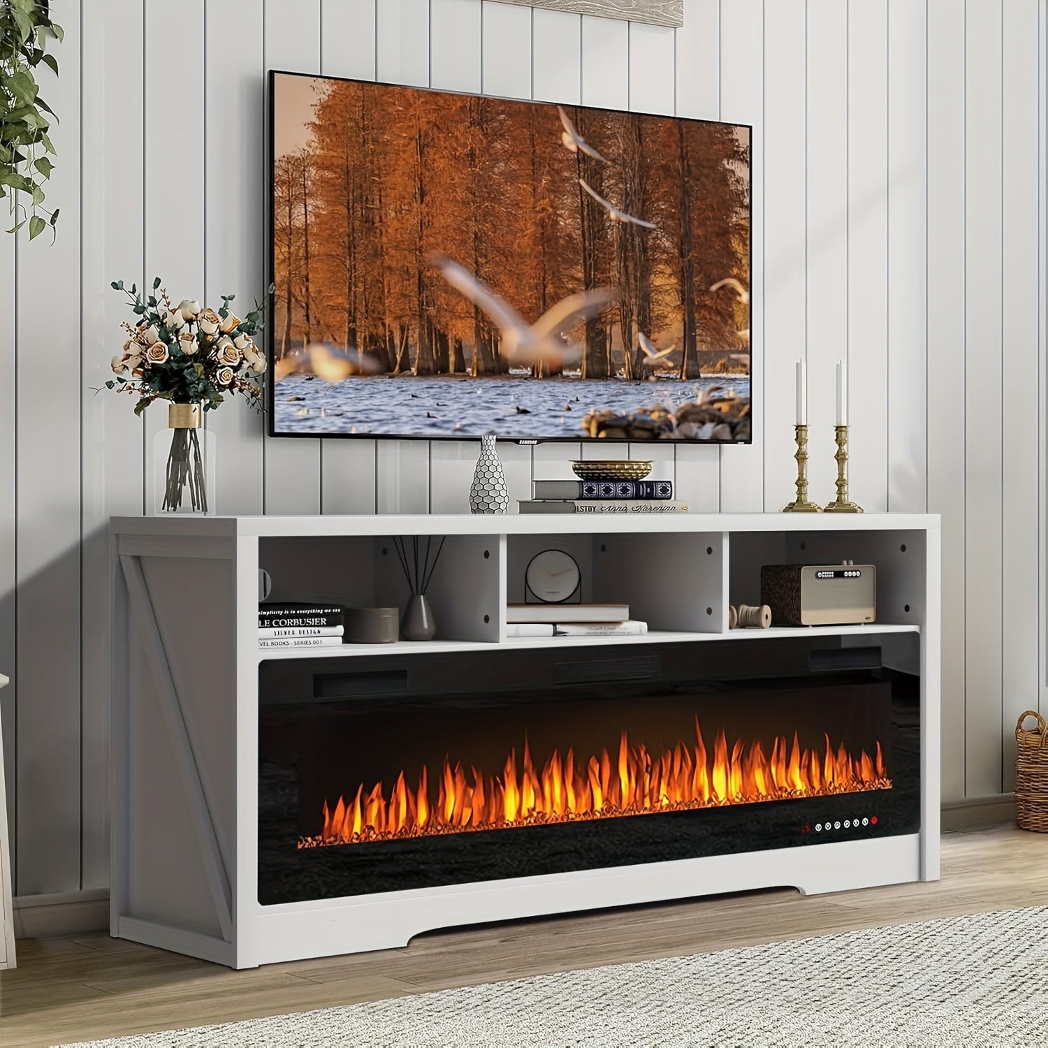 Fireplace TV Stand for TVs Up to 75" TV with 60" Electric Fireplace, Entertainment Center with Open Shelve Storage, 65 inch TV Stand with Fireplace, Entertainment Stand for Living Room