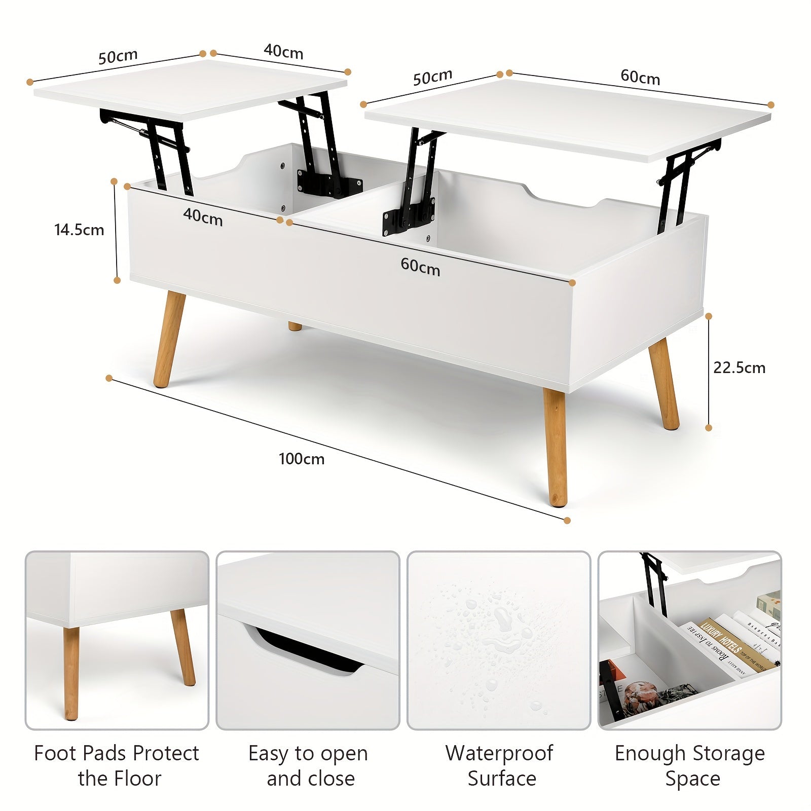 99cm Coffee Table With Double Lifting Tob, Hidden Storage Compartment