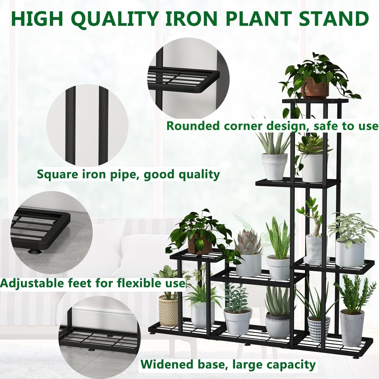 5-Tier Metal Plant Stand, Multifunctional Black Steel Shelf for Indoor and Outdoor Plants, Decorative Garden, Patio, Balcony, and Yard Plant Holder