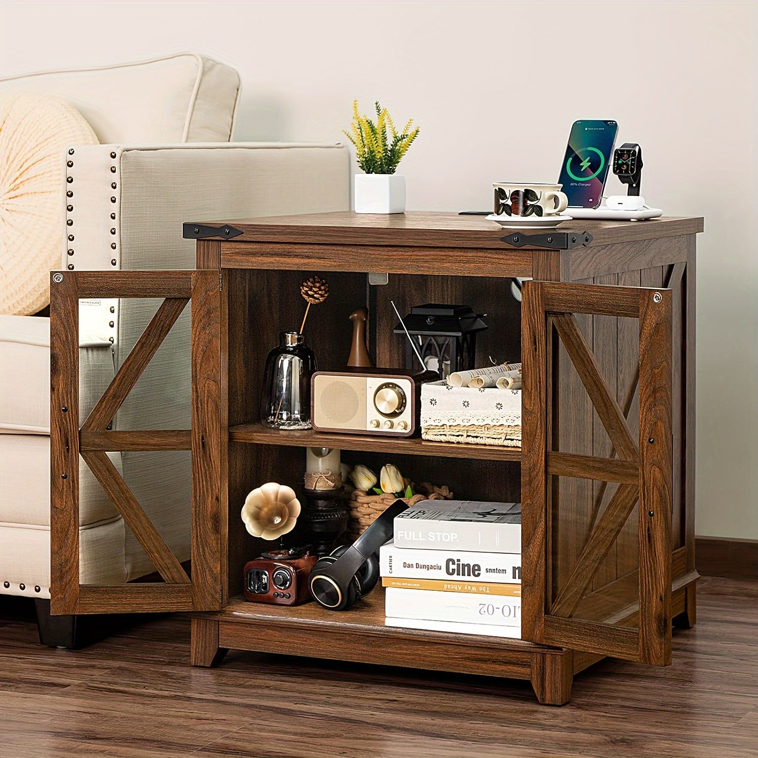 Farmhouse End Table With Charging Station, 24" Large Sofa Side Table With Glass Barn Door, Brown Nightstand With Adjustable Storage Shelf, Wood Square Bedside Table For Living Room, Bedroom