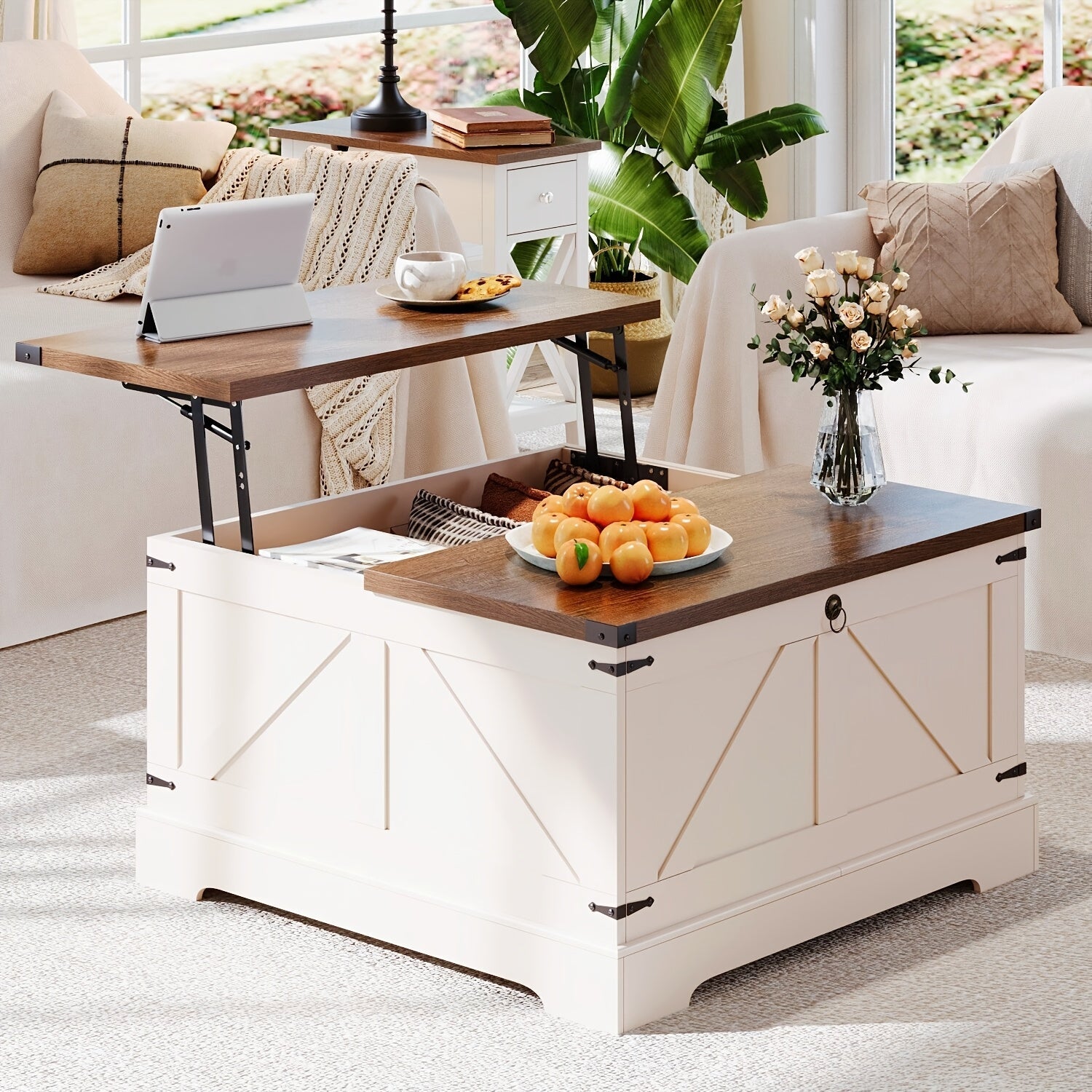 Versatile Farmhouse Lift Top Coffee Table - Square Wooden Centerpiece with Spacious Storage, Easy-Lift Hydraulic Mechanism, Perfect for Living Room & Bedroom Decor, Country Cocktail, Hidden Storage Compartment, Multi-Function