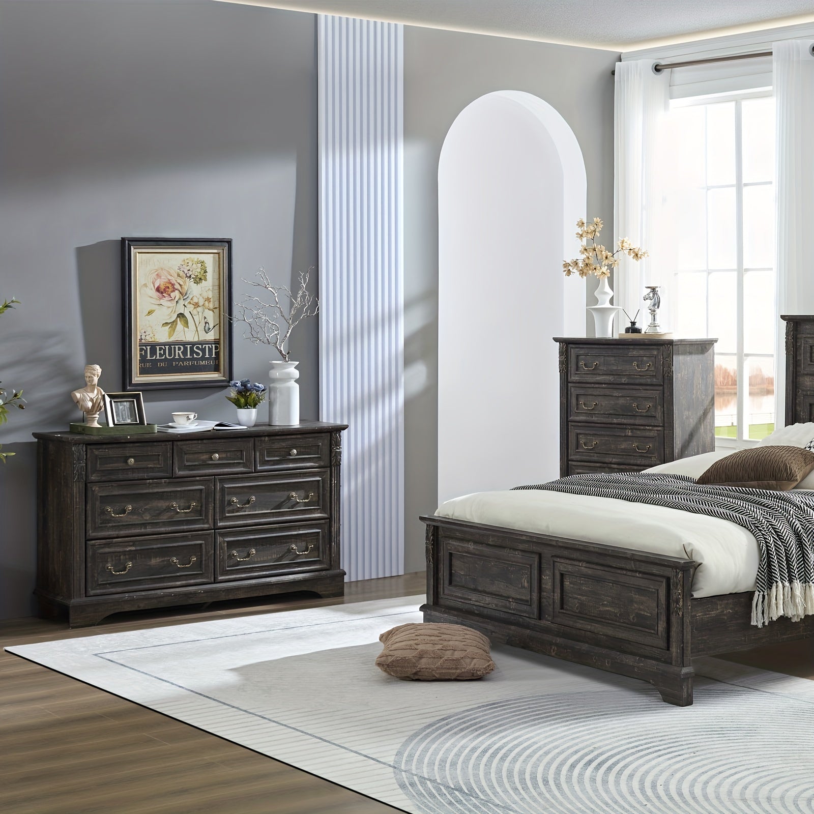 High-Density, Rustic Farmhouse 5-Drawer Dresser - Tall Wooden Chest with Carved Pilasters, Perfect for Bedroom & Hallway Storage, Dark Rustic Oak Finish