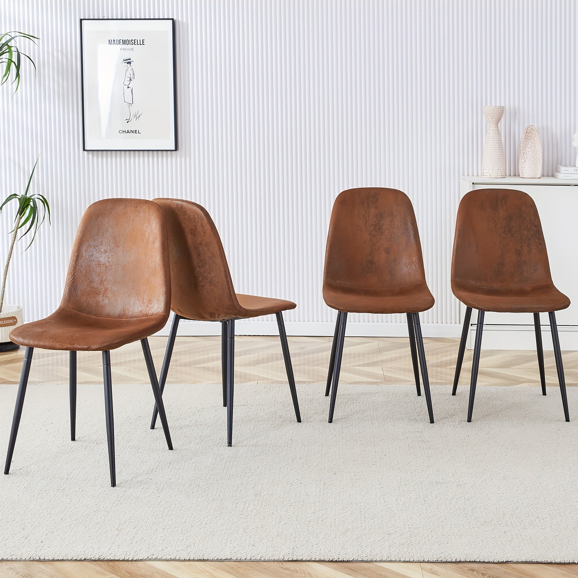 Dining Chairs Set of 4/6, Mid Century Modern Kitchen Chairs, Faux Leather Brown Dining Room Chairs, Kitchen Room Side Chair, Upholstered Seat with Black Metal Legs