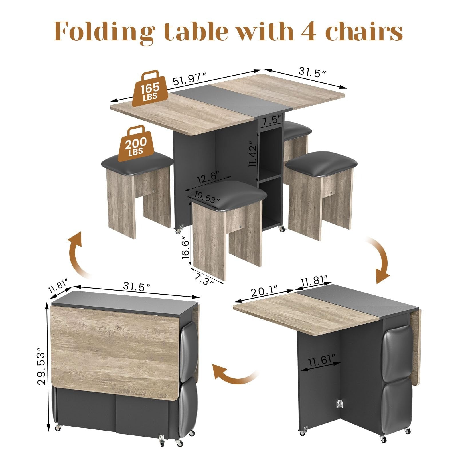 Space-Saving Foldable Dining Table Set for 4 People with 4 Chairs and Practical Shelves, Foldable Design with 6 Wheels, Perfect for Small Space Kitchens Furniture for Home