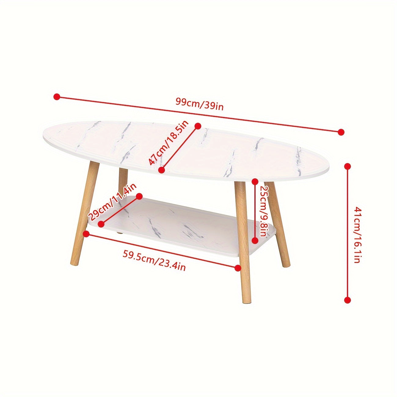 Modern Coffee Table Oval White Marble Effect, 2 Tier Cocktail Table Sofa Table with Storage Wood Legs