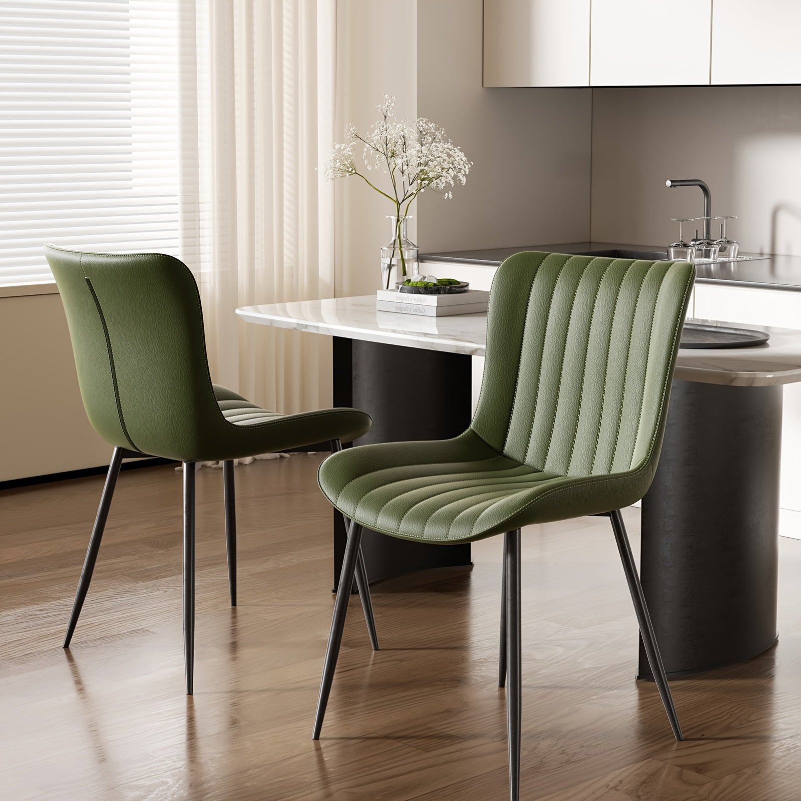 Modern Green Dining Chairs Set of 2 - Comfortable Faux Leather & Solid Wood with Sturdy Metal Legs, Perfect for Kitchen & Dining Room