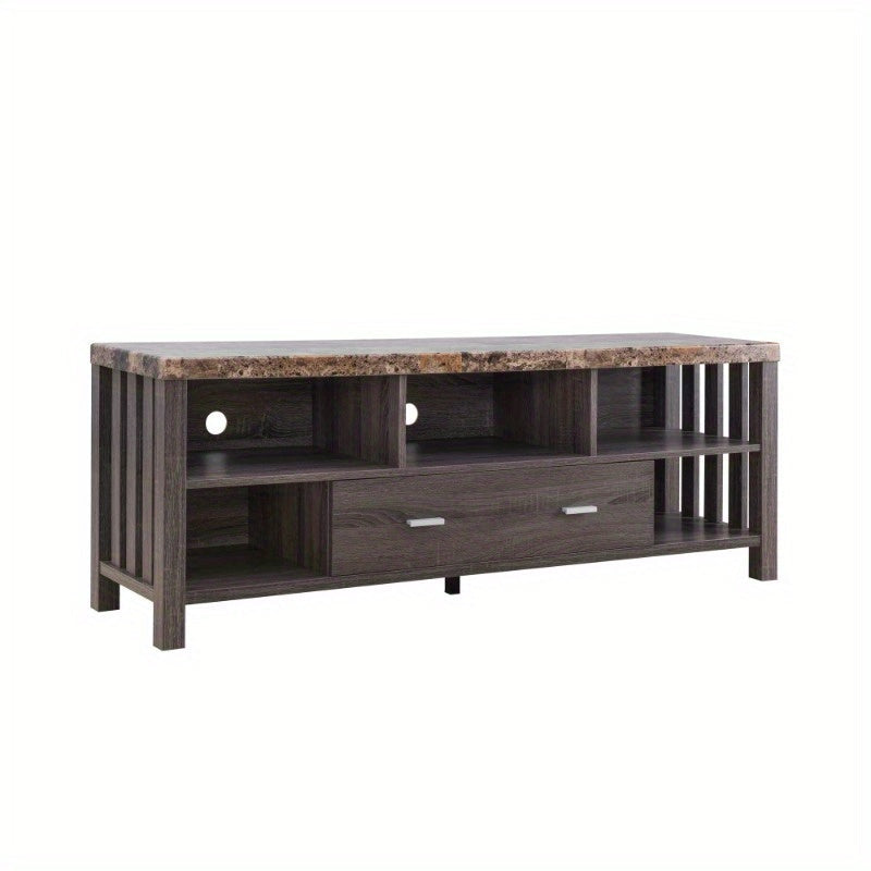 Home Livingroom 60" TV Stand with Drawer and Five Open Shelves- Faux Marble Yellow and Distressed Grey