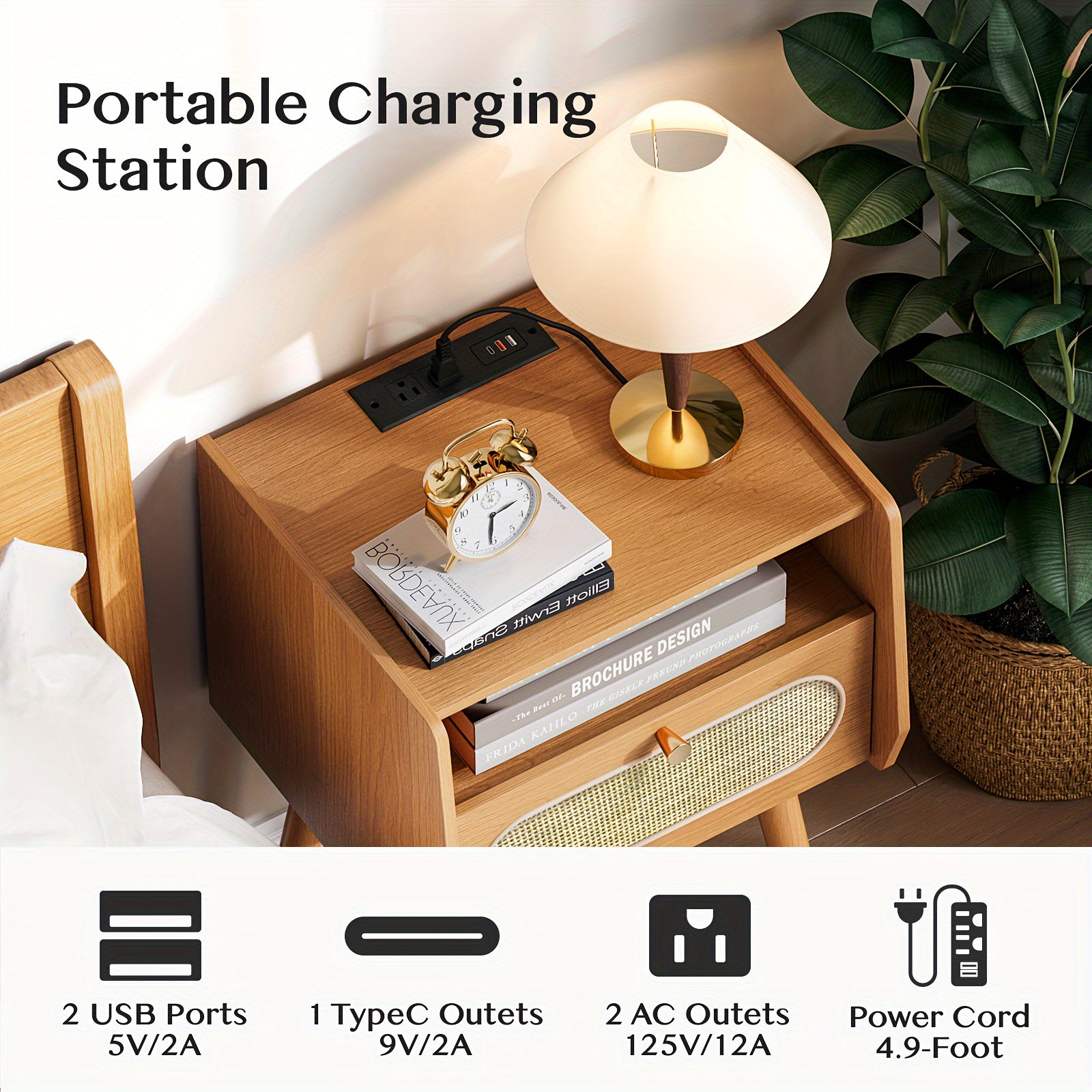 Nightstands Set Of 2 Mid Century Modern Nightstand With Charging Station Rattan Side Table With Drawer End Table