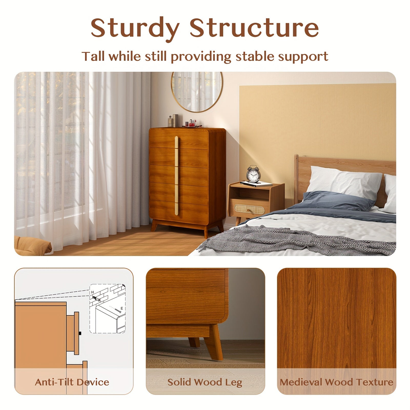 Elegant Mid-Century Modern 5-Drawer Dresser in Cherry Wood with Sleek Metal Handles Spacious Storage Organizer