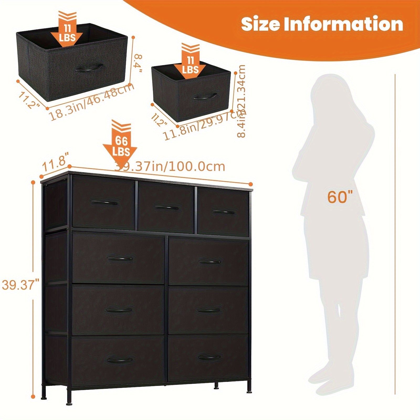 Dresser for Bedroom 9 Storage Drawers Tall Fabric Closet Chests Organizer Tower Furniture with Wooden Top Metal Frame