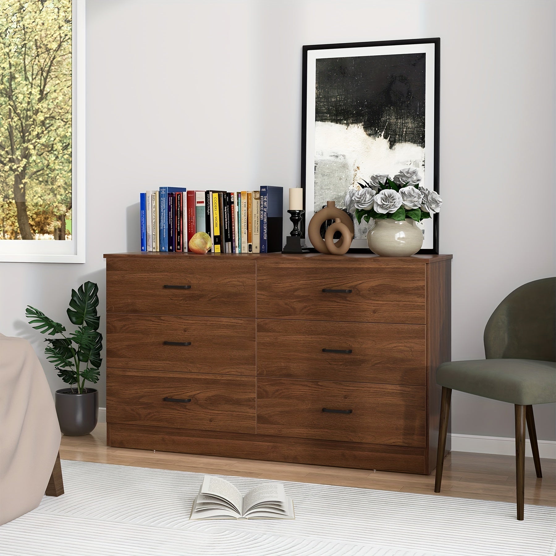 Wood Dresser for Bedroom, 6 Drawer Dresser with Metal Handles, 15.8" D x 47.2" W x 27.7" H, Light Oak