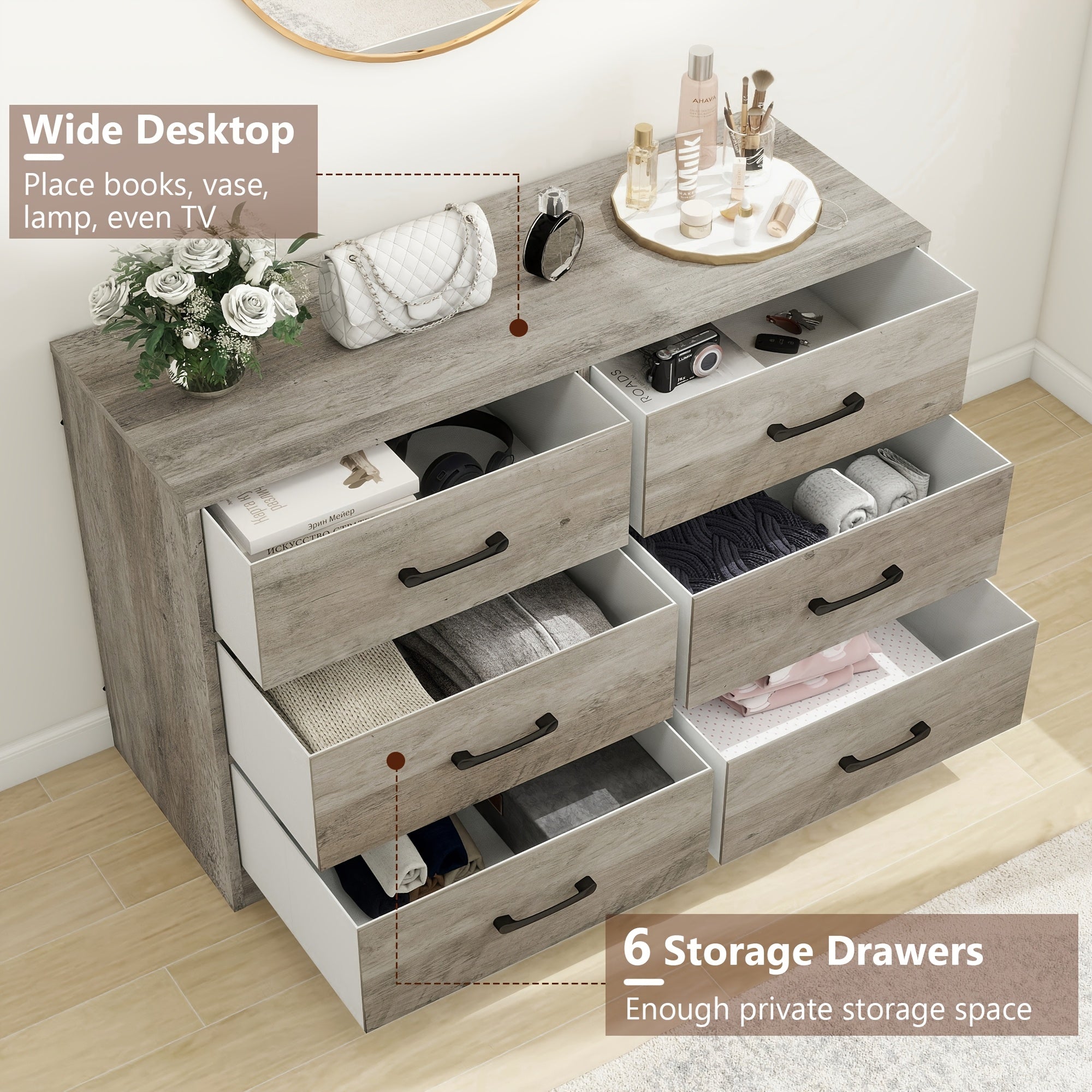 Charming Rustic Wood Double Dresser - 6-Drawer Storage Organizer for Bedroom & Living Room, Durable Faux Wood Construction