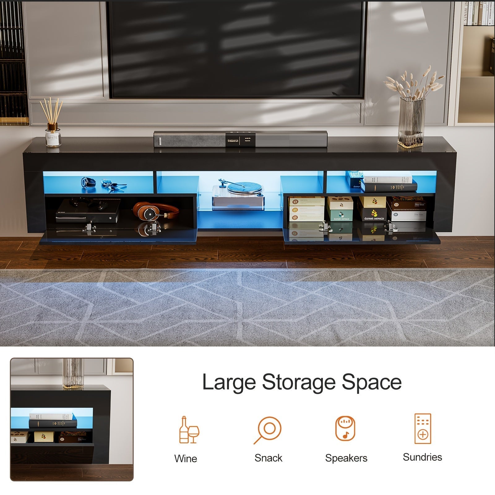 LED Floating TV Stand for 85 + Inch TV Black High Glossy Wall Mounted Haning TV Stand with 2 Cabinets Modern Floating