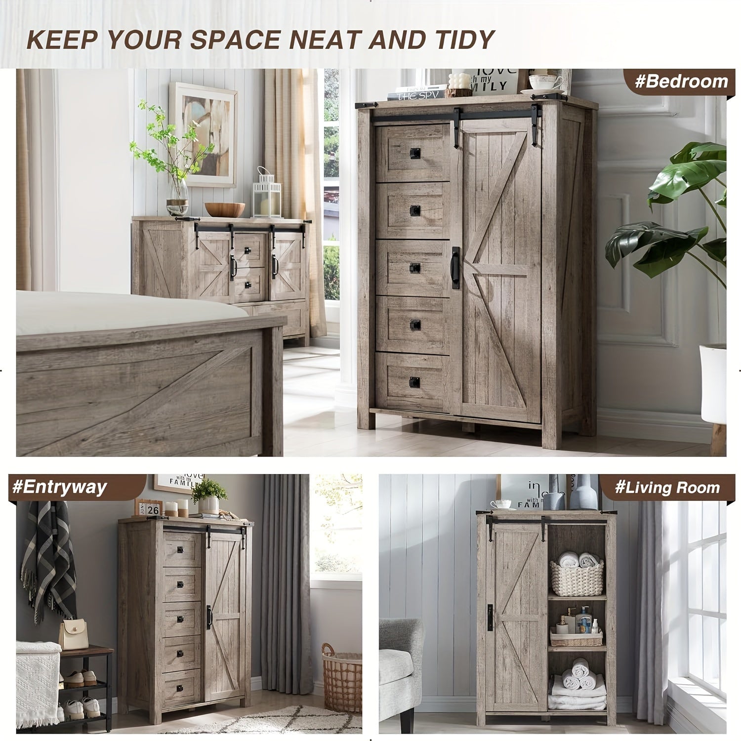 5 Drawers Dresser For Bedroom W/Sliding Barn Door Farmhouse Modern Tall Dresser 5 Chest Of Drawers Storage Organizer