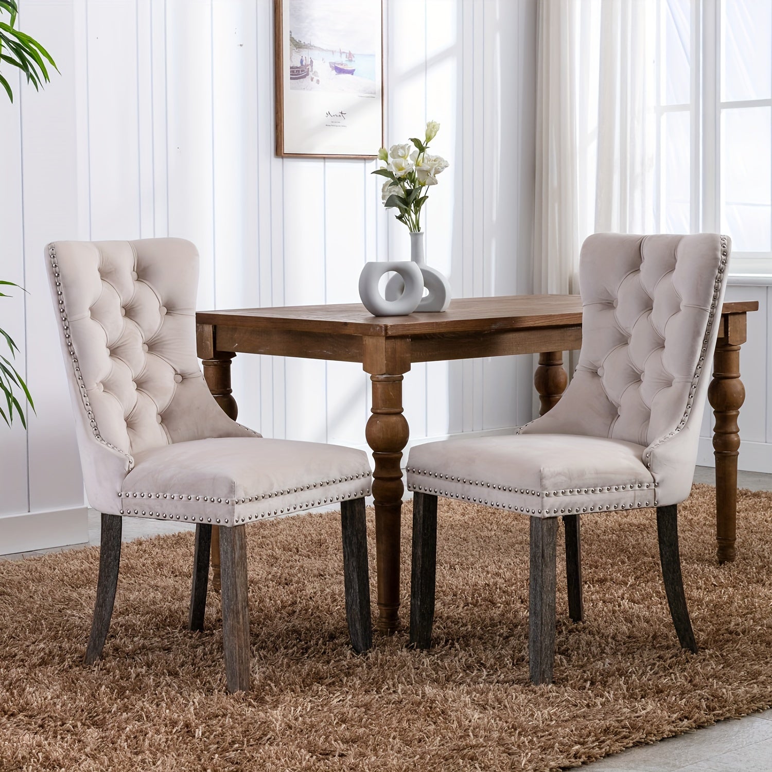 Velvet Dining Chairs Set of 2 Tufted Dining Room Chairs with Nailhead Ring Pull Trim Upholstered Dining Chairs