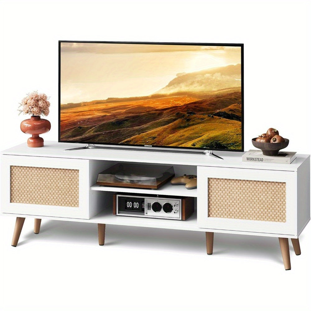 Stable TV Stand For 65 Inch TV, 58" Boho Entertainment Center With Open Shelf Storage, TV Stand For Living Room, TV Console With 2 Storage Cabinets