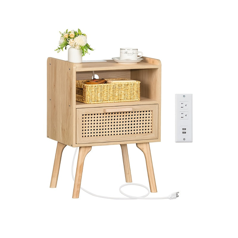 Rattan Nightstand, Boho Side Table With Drawer Open Shelf, Cane Accent Bedside End Table With Solid Wood Legs For Bedroom, Night Stand, Dorm And Small Spaces