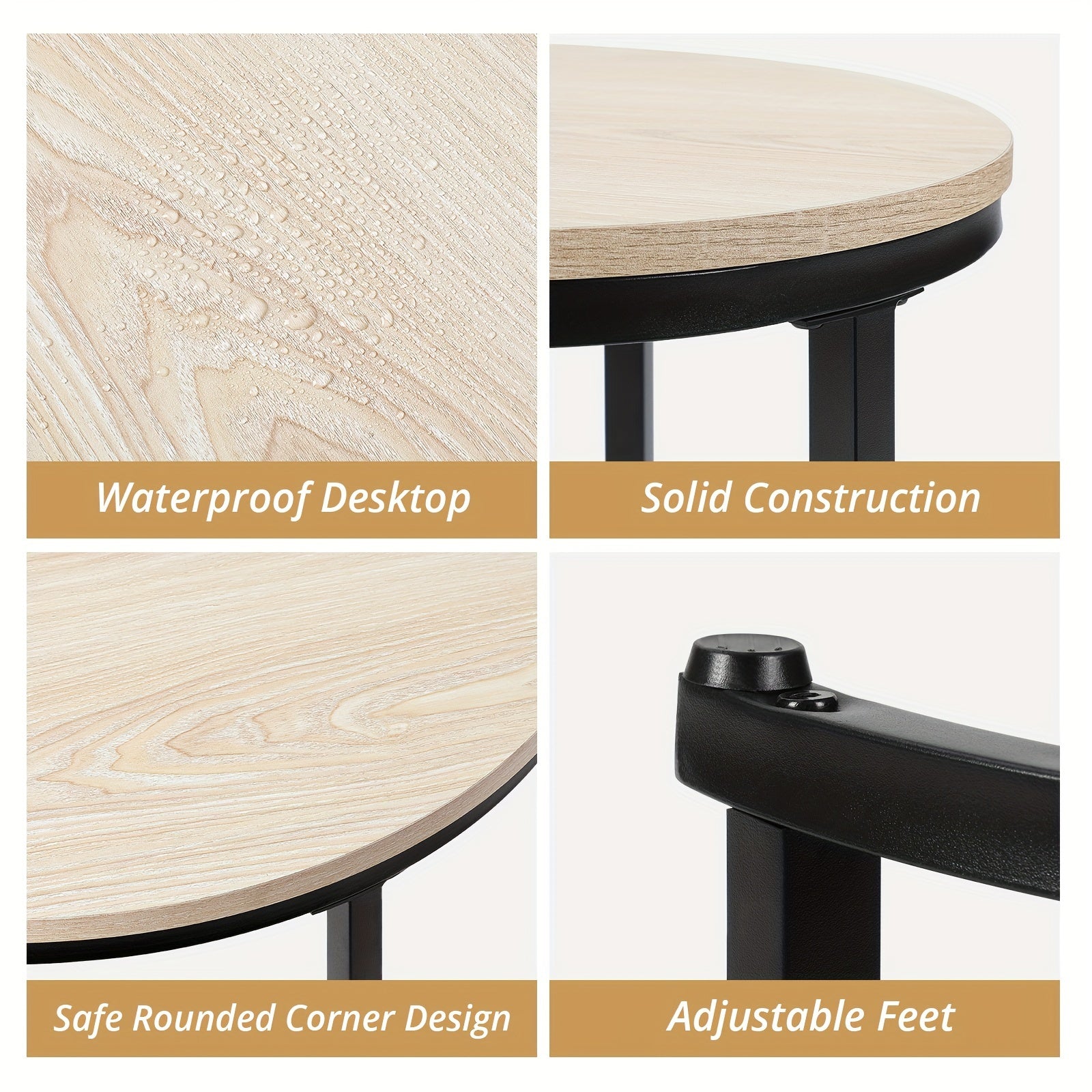 Coffee Tables for Living Room - Small Round Set of 2 Center Table with Solid Wood Grain Table Top and Sturdy Metal