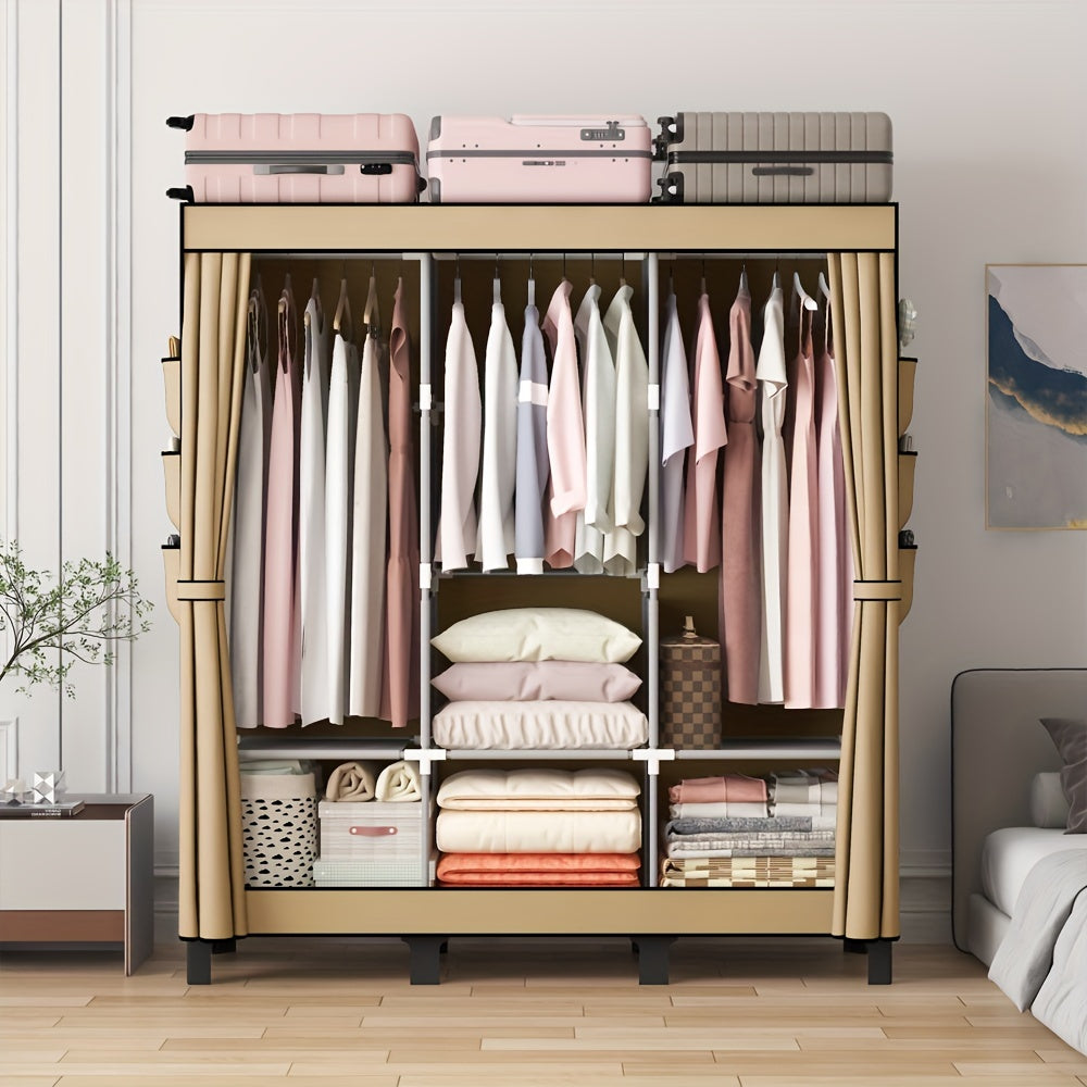 Black Dust-Proof Cloth Wardrobe - Durable Steel Frame, Multi-Layer Storage Organizer For Bedroom, Rental, And Dorm