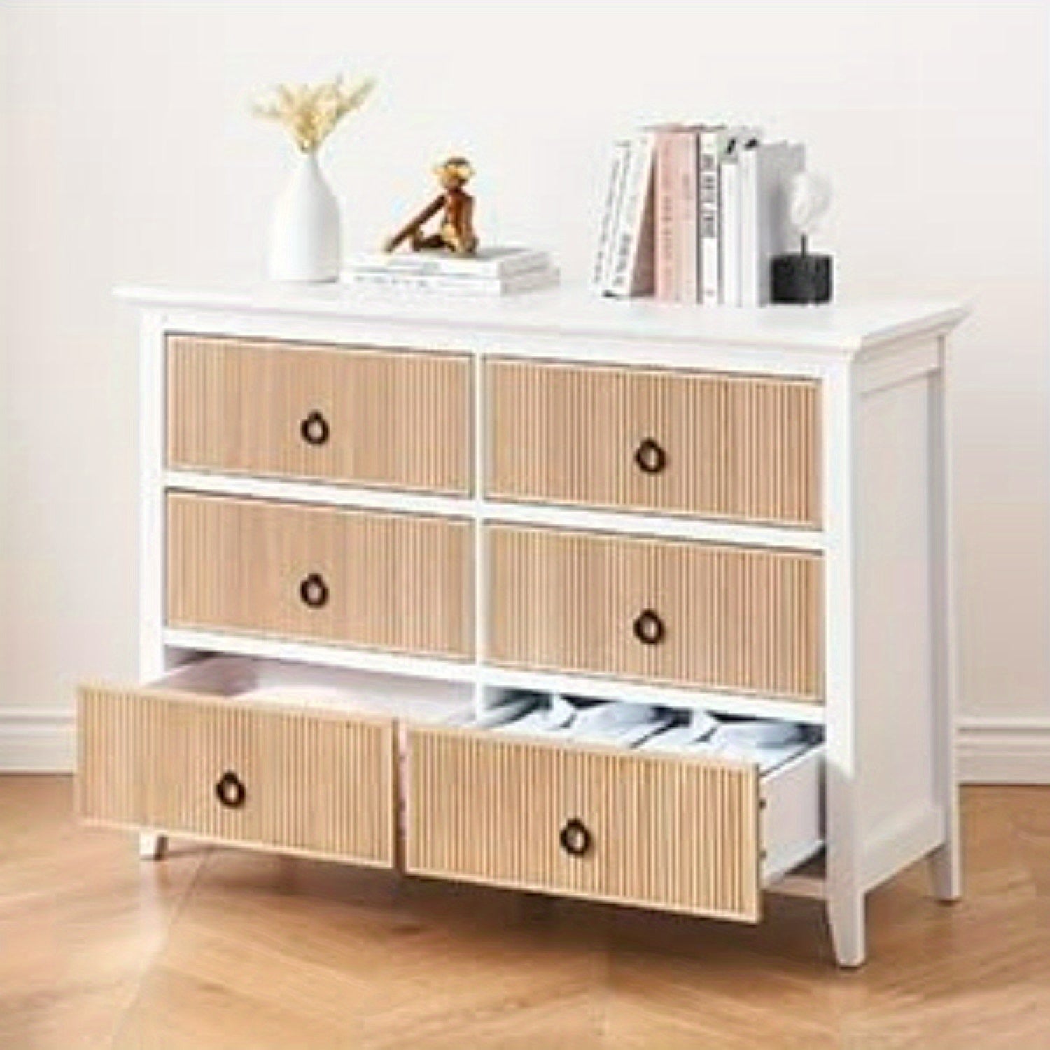 6-Drawer Fluted Dresser Cabinet for Bedroom, Modern Storage Chest with Fluted Panels, Wide Organizer Dresser for Bedroom, Hallway, Closet, and Living Room (Natural)