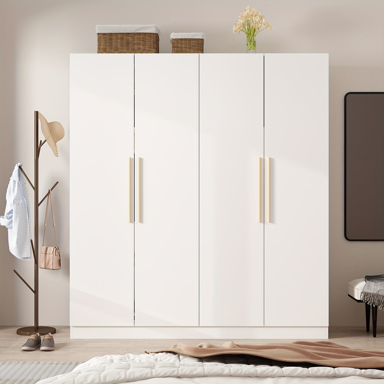 Spacious 4-Door White Wardrobe Armoire Closet - Freestanding Organizer with Storage Shelves & Hanging Rod, Durable MDF Wood, Water-Resistant, Easy Assembly, Modern Design for Bedroom Storage (63" W x 19.7" D x 70.9" H)