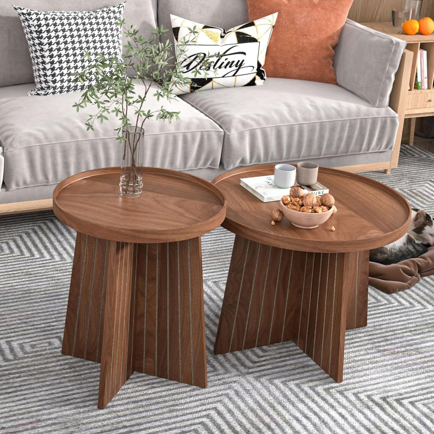 2piece Coffee Table Set - Piece Coffee Table Set Round Fluted Nesting Coffee Table - Living Room Furniture - Modern Home Decor - Solid Wood Base and Wood Grain Veneer Top (Walnut)