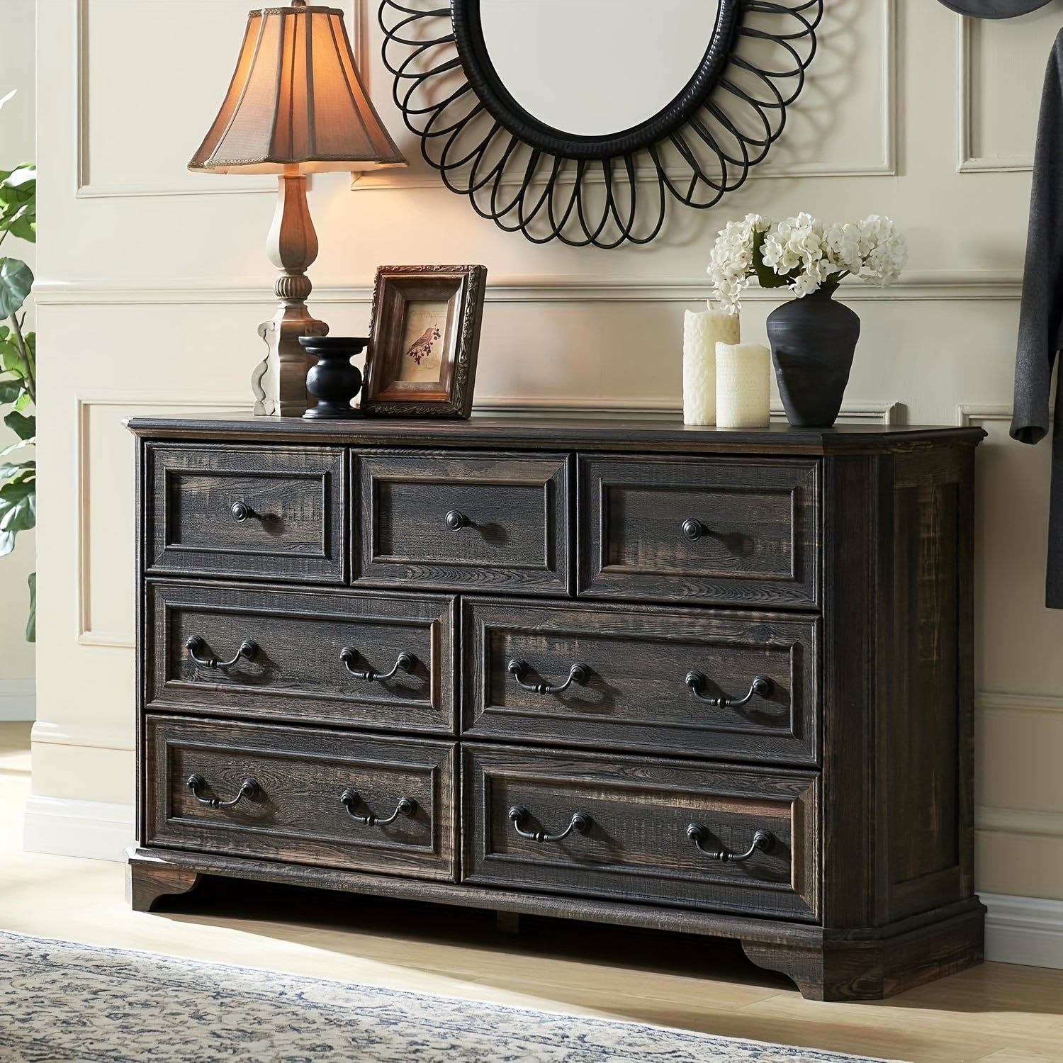 Farmhouse 7 Drawers Dresser for Bedroom 138cm Wide Wood Rustic Chest of Drawers with Natural Texture Vintage Design