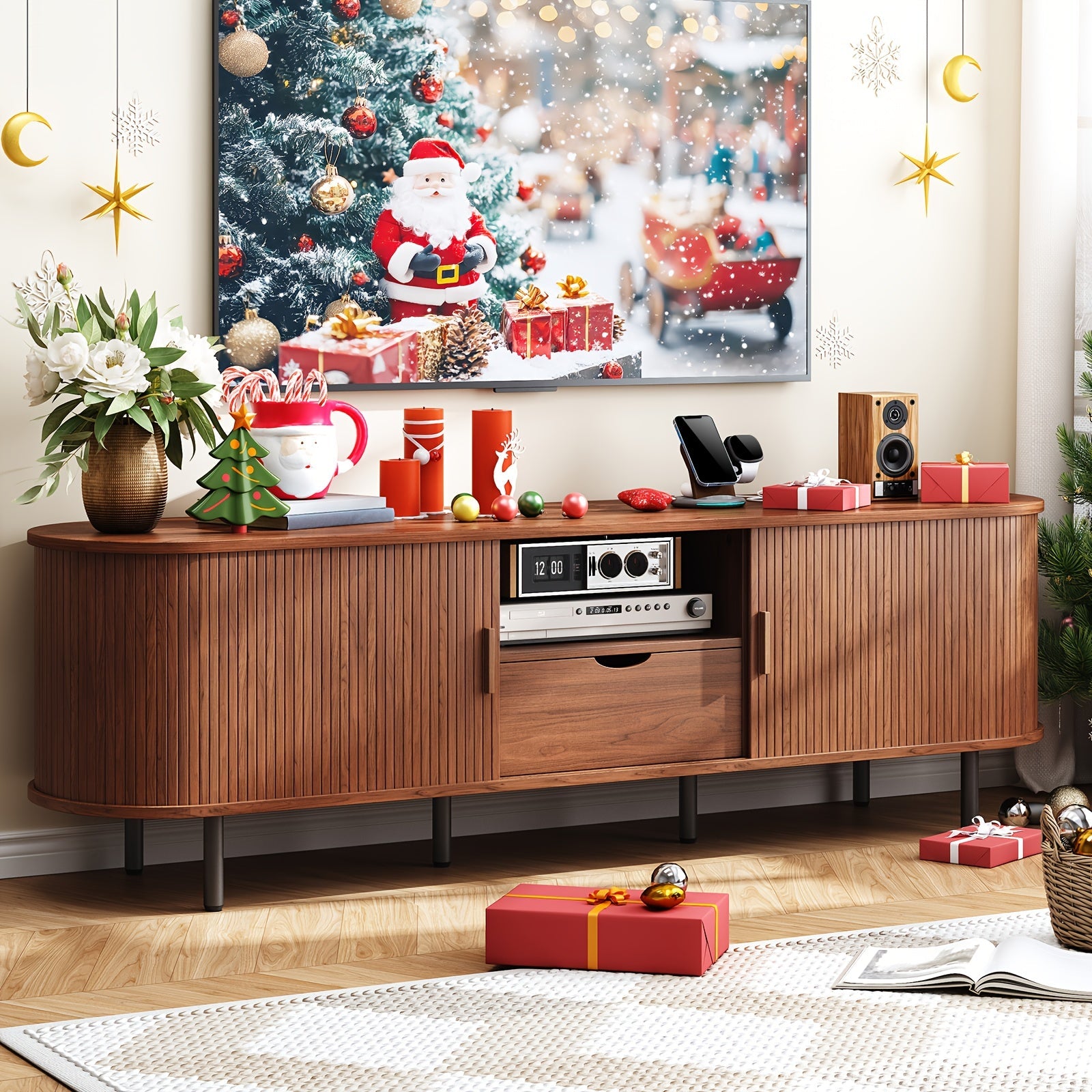 Festive 69" Walnut TV Stand with Power Outlets - Fits TVs Up to 80", Modern Media Entertainment Center with Storage, Drawers, Adjustable Shelves & Sliding Doors - Ideal for Holiday Living Room Decor, TV Console Table