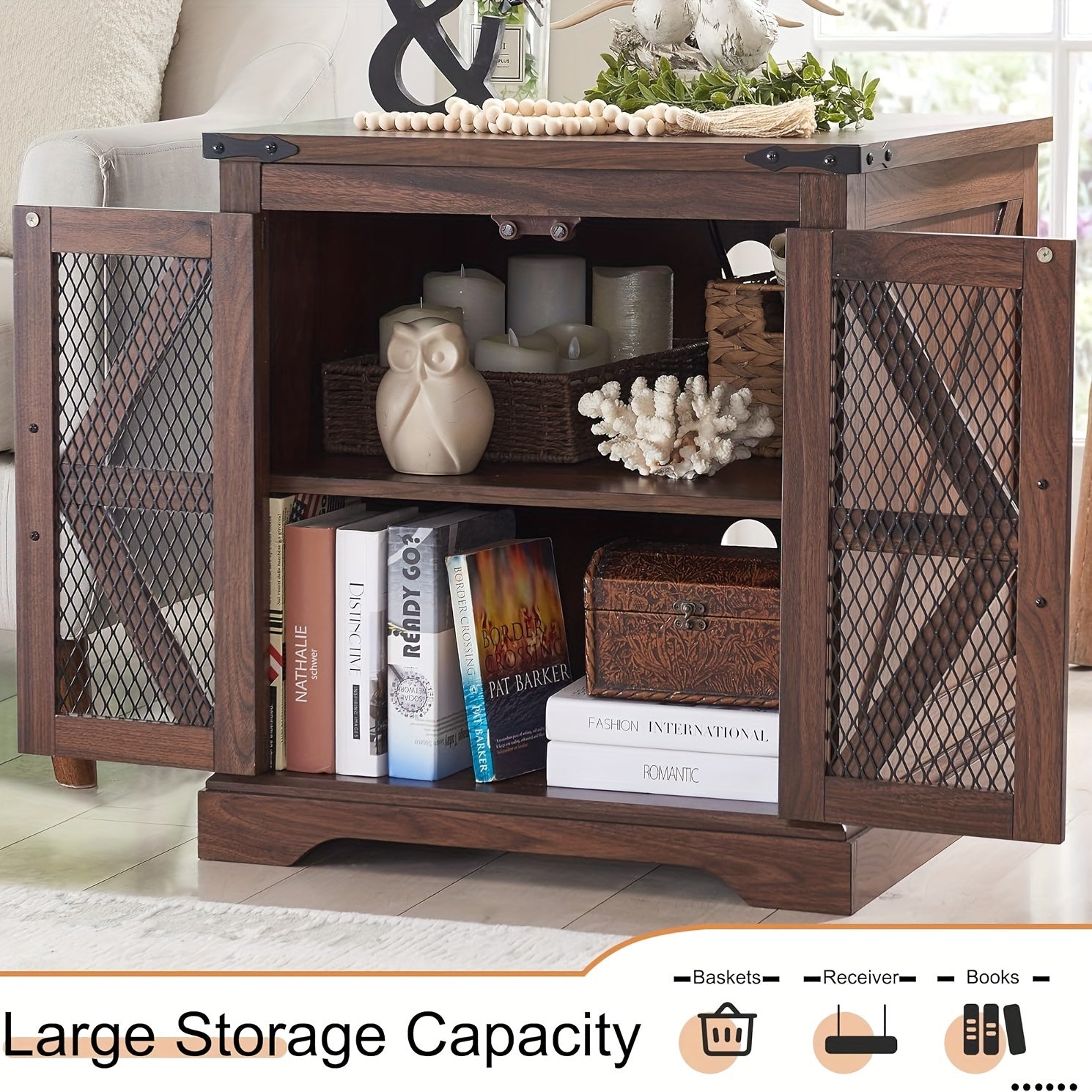 Farmhouse End Table, 24" Large Sofa Side Table With Charging Station, Mesh Barn Door, And Adjustable Storage Shelf, Rustic Wood Square Nightstand For Living Room, Bedroom, Office