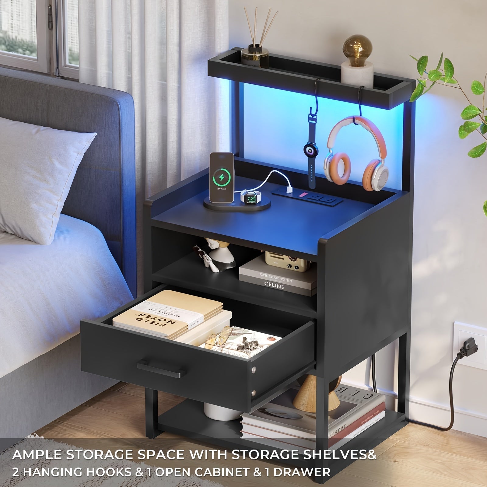 Nightstand With LED Lights Black Night Stand With Drawer Modern End Side Table With Open Storage Shelves Bedside Tables