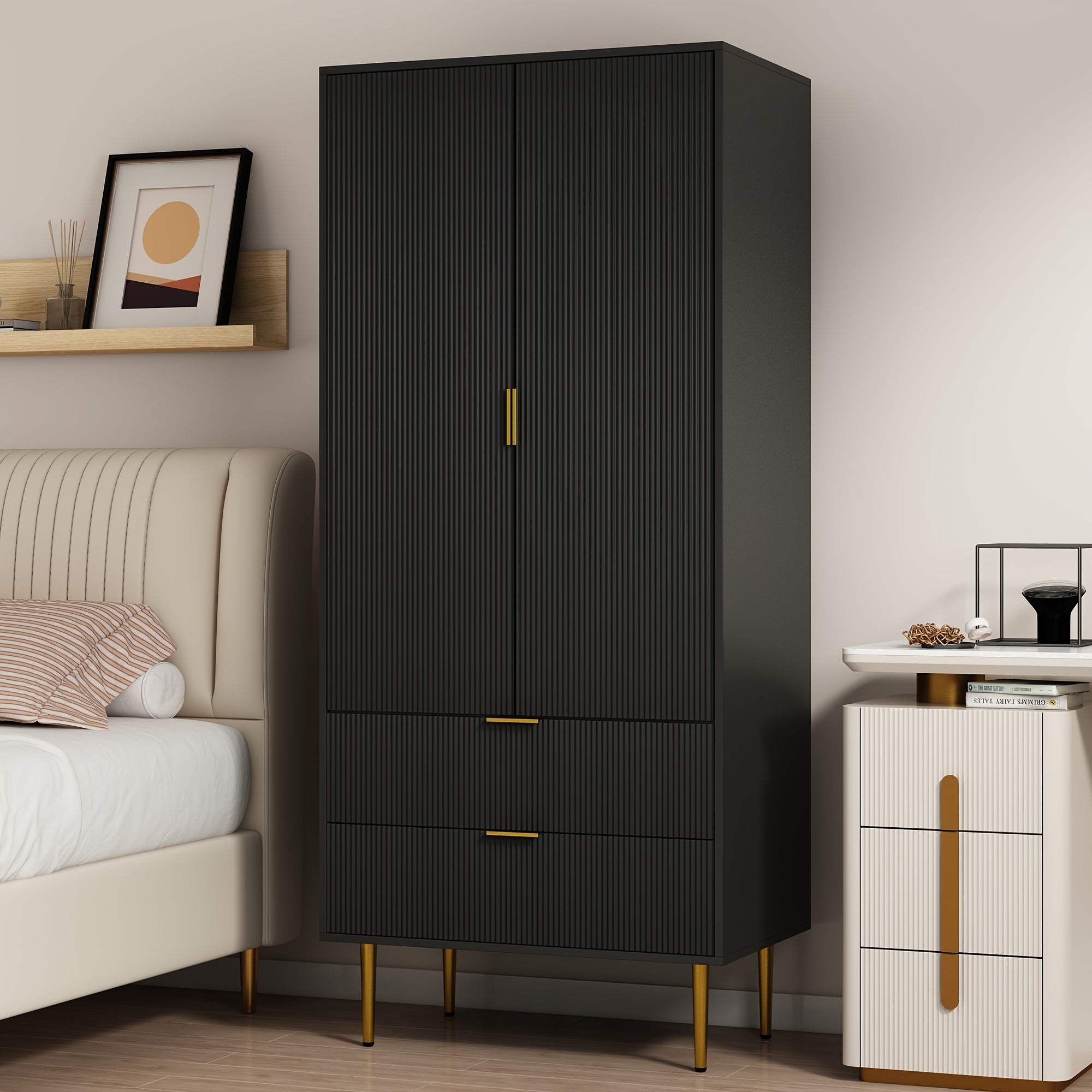 Contemporary 71''2 Drawers Clothing Storage Cabinet With Adjustable Shelves & Hanging Rod, Perfect For Bedrooms, Gyms & Cloakrooms