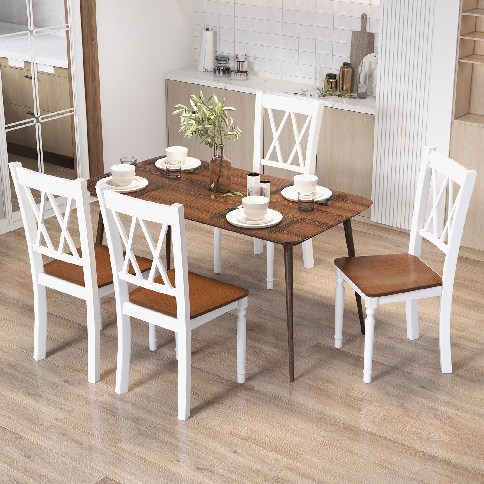 Set of 4 Farmhouse Dining Chairs - Natural Rubber & Acacia Wood, Ergonomic Comfort, Sturdy for Up to 360 lbs - Perfect for Kitchen & Dining Room