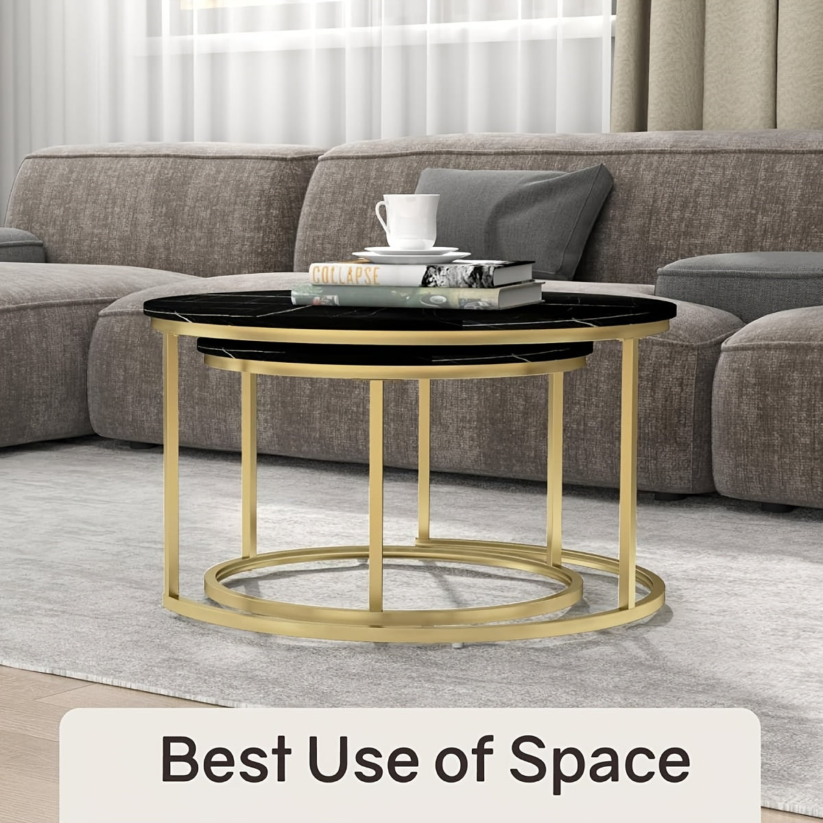 2pcs Nesting Coffee Table Set Modern Round Coffee Tables for Living Room Balcony Office Circle Table Accent End Side