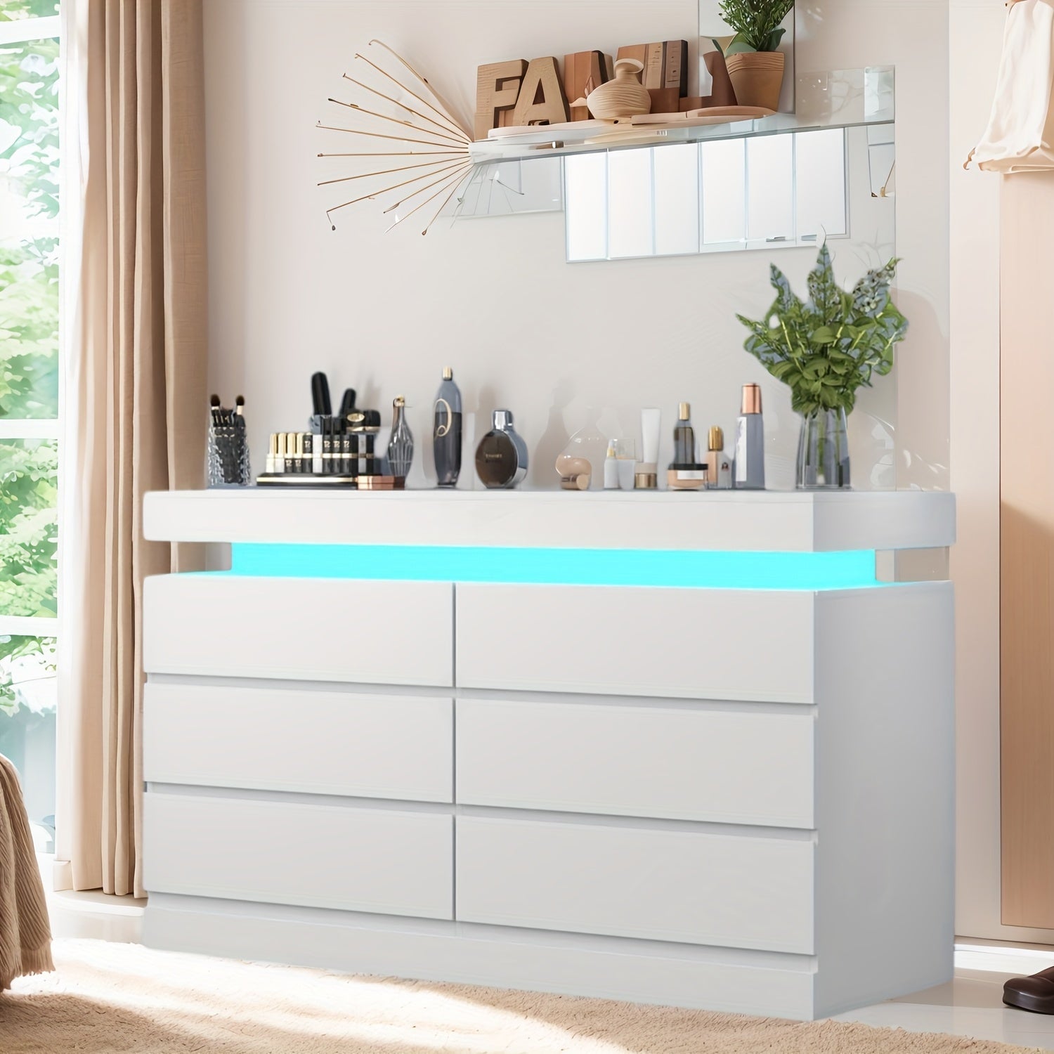 6 Drawer Dresser With Power Outlet Storage Cabinet With LED Light Modern Cabinet Organizer For Closet Double Wide