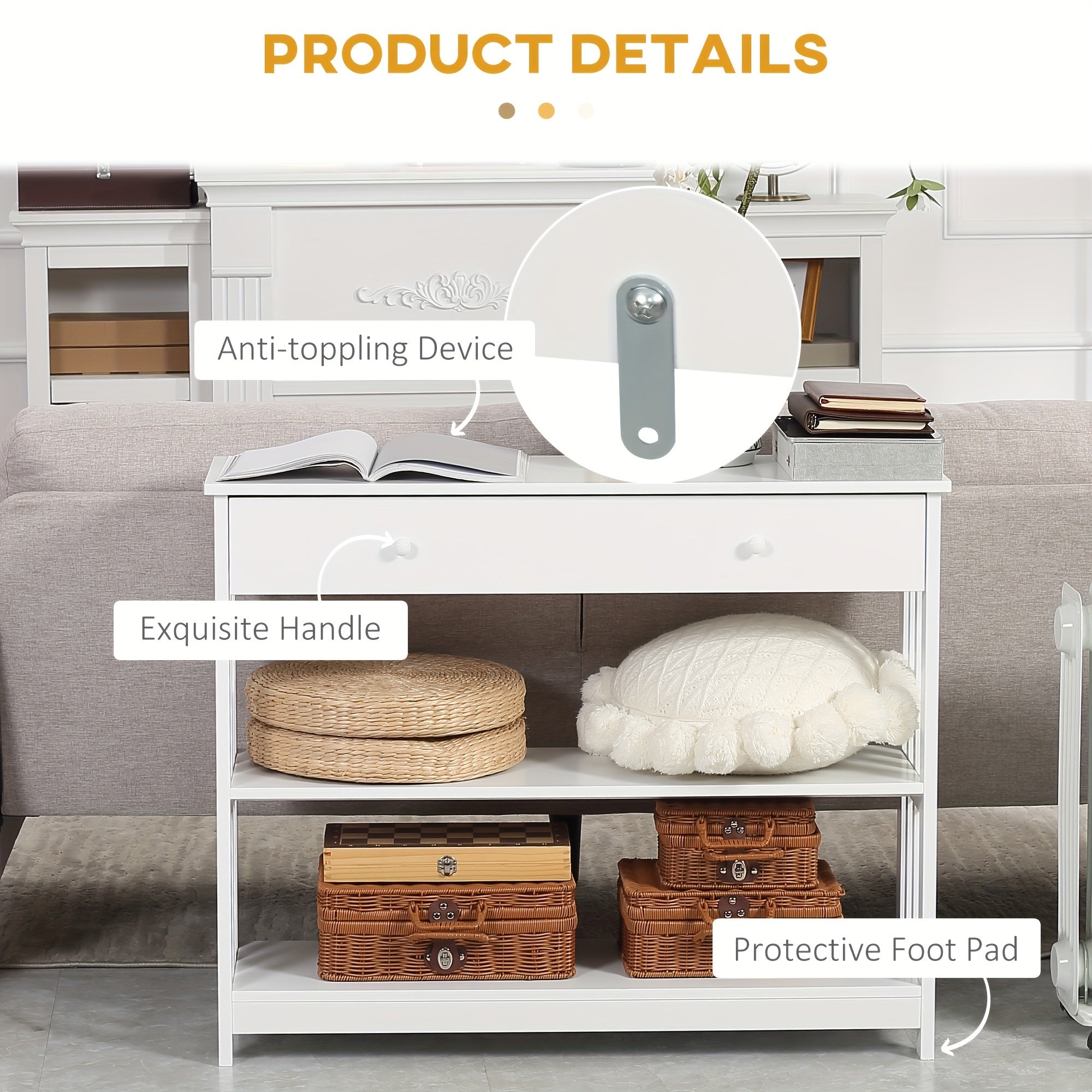 Console Hallway Table With Extra Wide Pull Out Drawer, 2 Open Shelves And Slatted Wood Frame Design, White