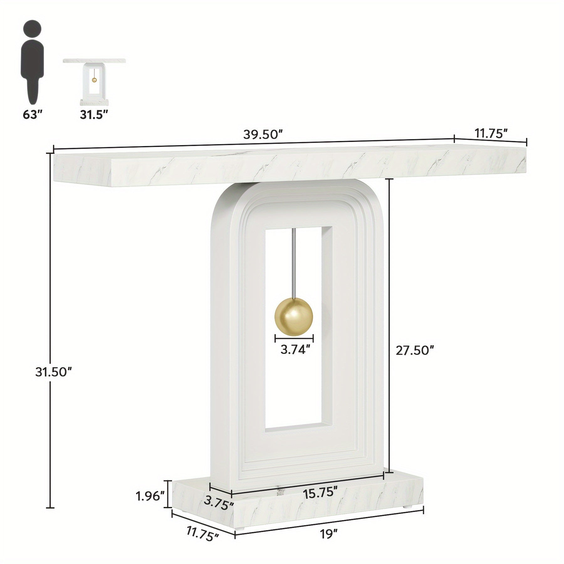 Modern Console Table with Pendulum Shape Base, 40 Inches Narrow Sofa Entryway Table Behind The Couch, Contemporary Wood Accent Table for Living Room, Hallway, Entrance, Faux Marble White, Christmas Gifts