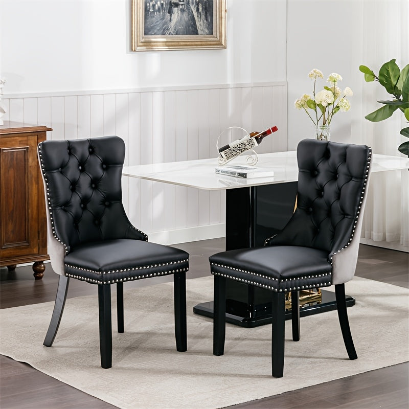 Modern Plush Dining Chair - Two Piece Set, Black And Grey Velvet/PU Wooden Legs, A&A Furniture Nikki Collection