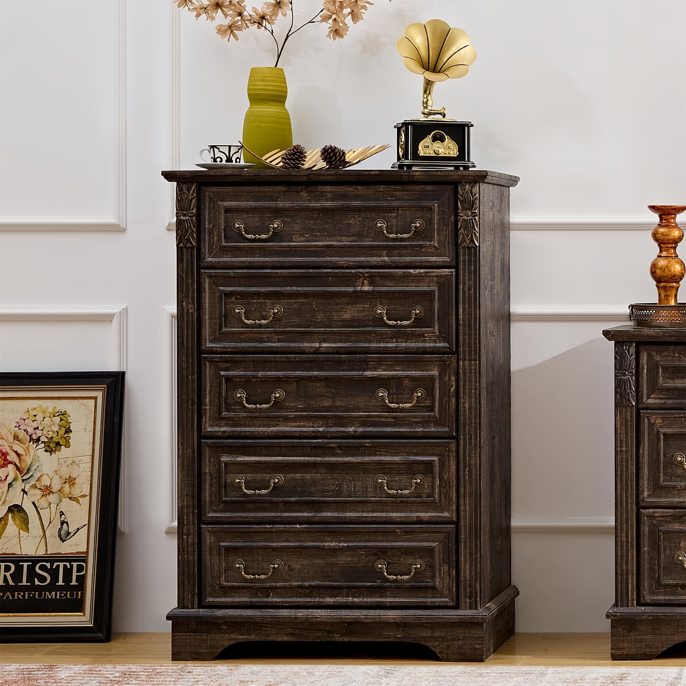 Rustic Oak Farmhouse Dresser with 5 Drawers - Tall Wooden Vanity for Bedroom, Carved Pilasters, Ideal for Closet & Hallway Storage