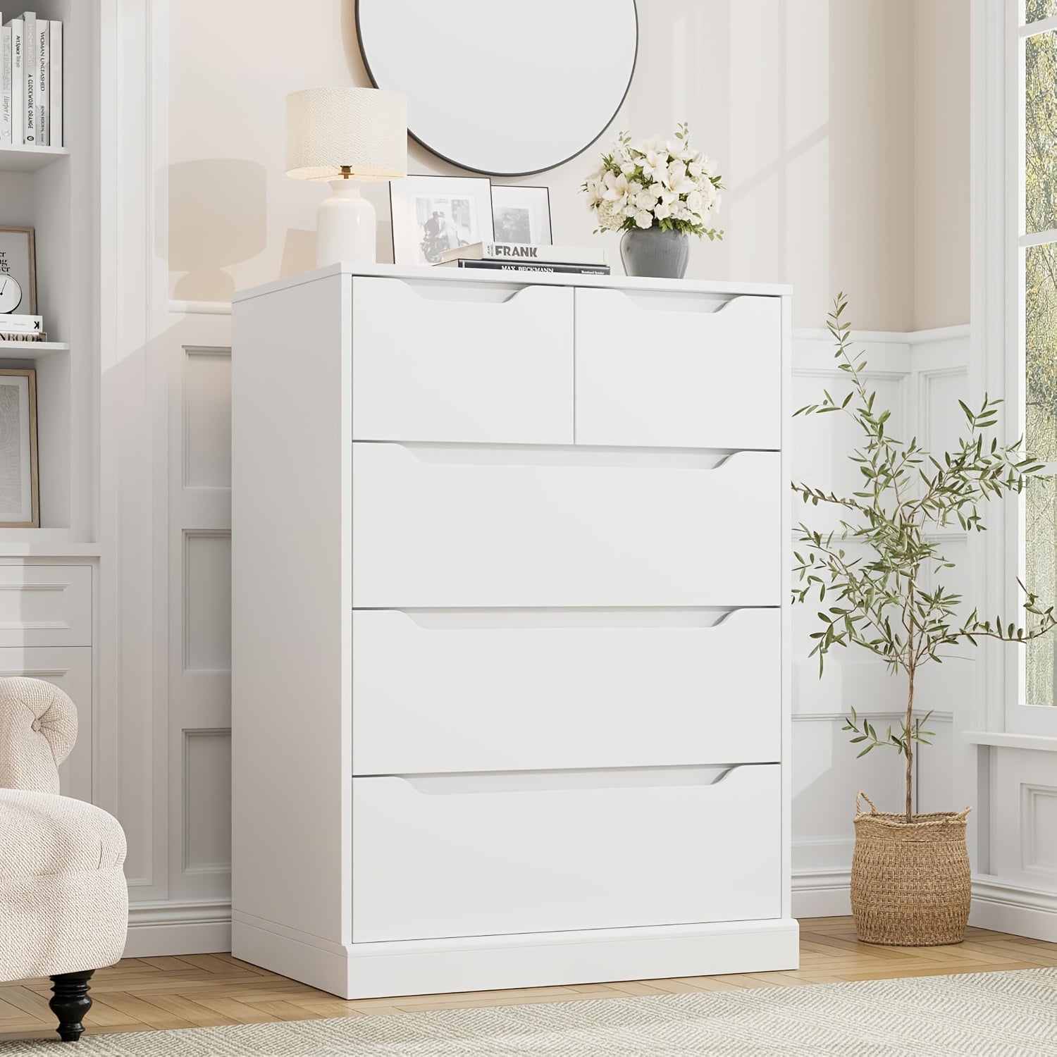 5 Drawer Dresser For Bedroom Chest Of Drawers With Storage Storage Chest Organizers With Cut-Out Handles Accent Storage